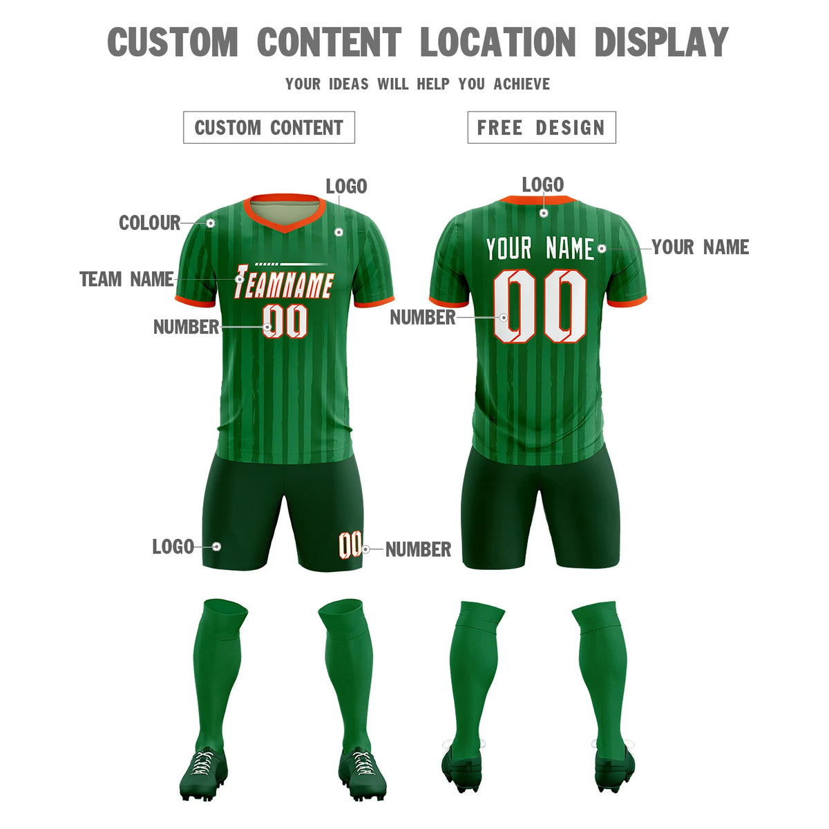 Custom Kelly Green Orange Breathable Soccer Sets Jersey