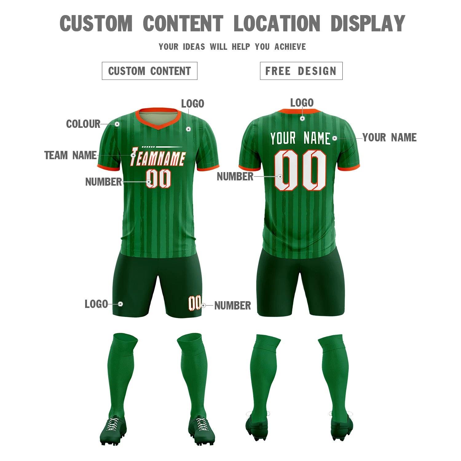 Custom Kelly Green Orange Breathable Soccer Sets Jersey