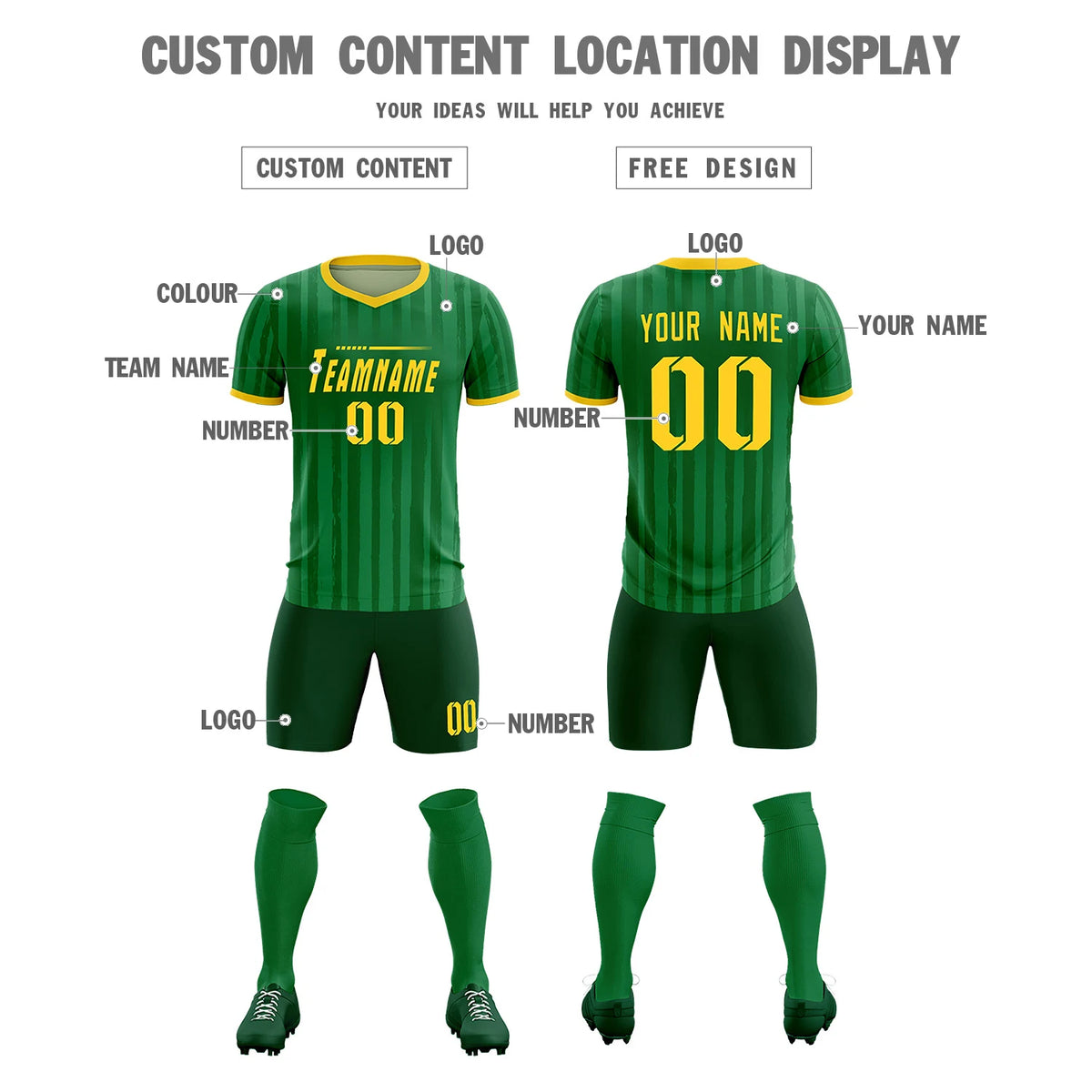 Custom Kelly Green Gold 01 Breathable Soccer Sets Jersey