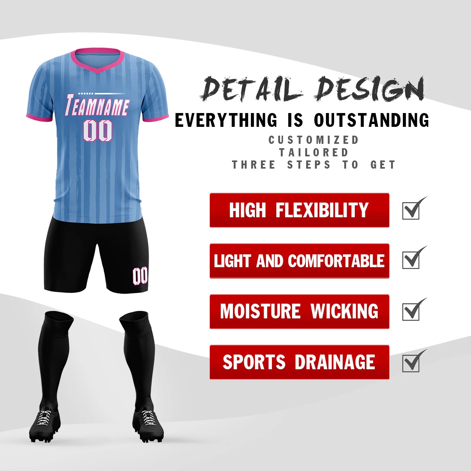 Custom Light Blue Pink Breathable Soccer Sets Jersey