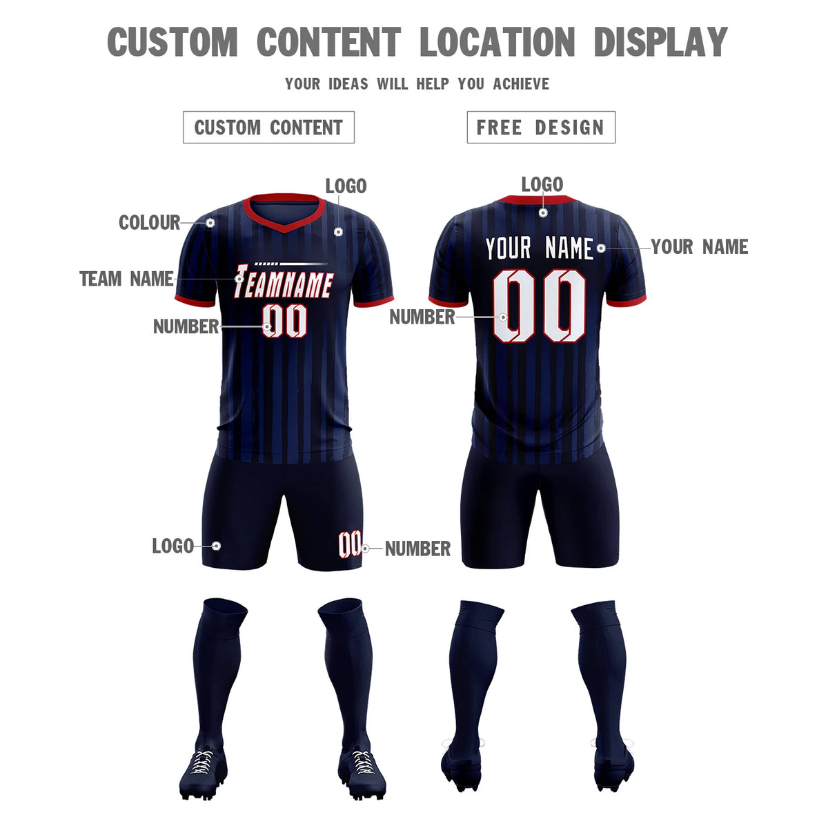 Custom Navy Red Breathable Soccer Sets Jersey