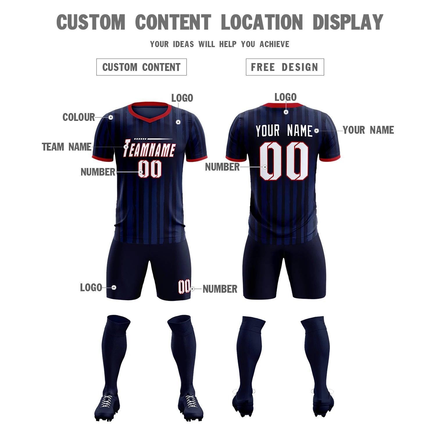 Custom Navy Red Breathable Soccer Sets Jersey