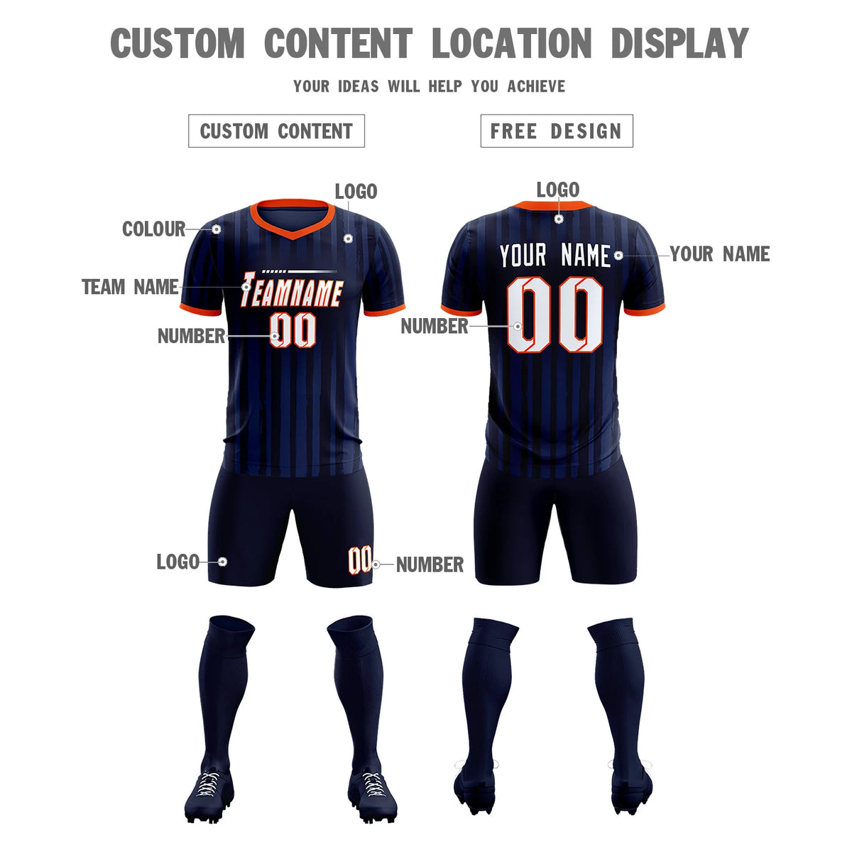 Custom Navy Orange Breathable Soccer Sets Jersey