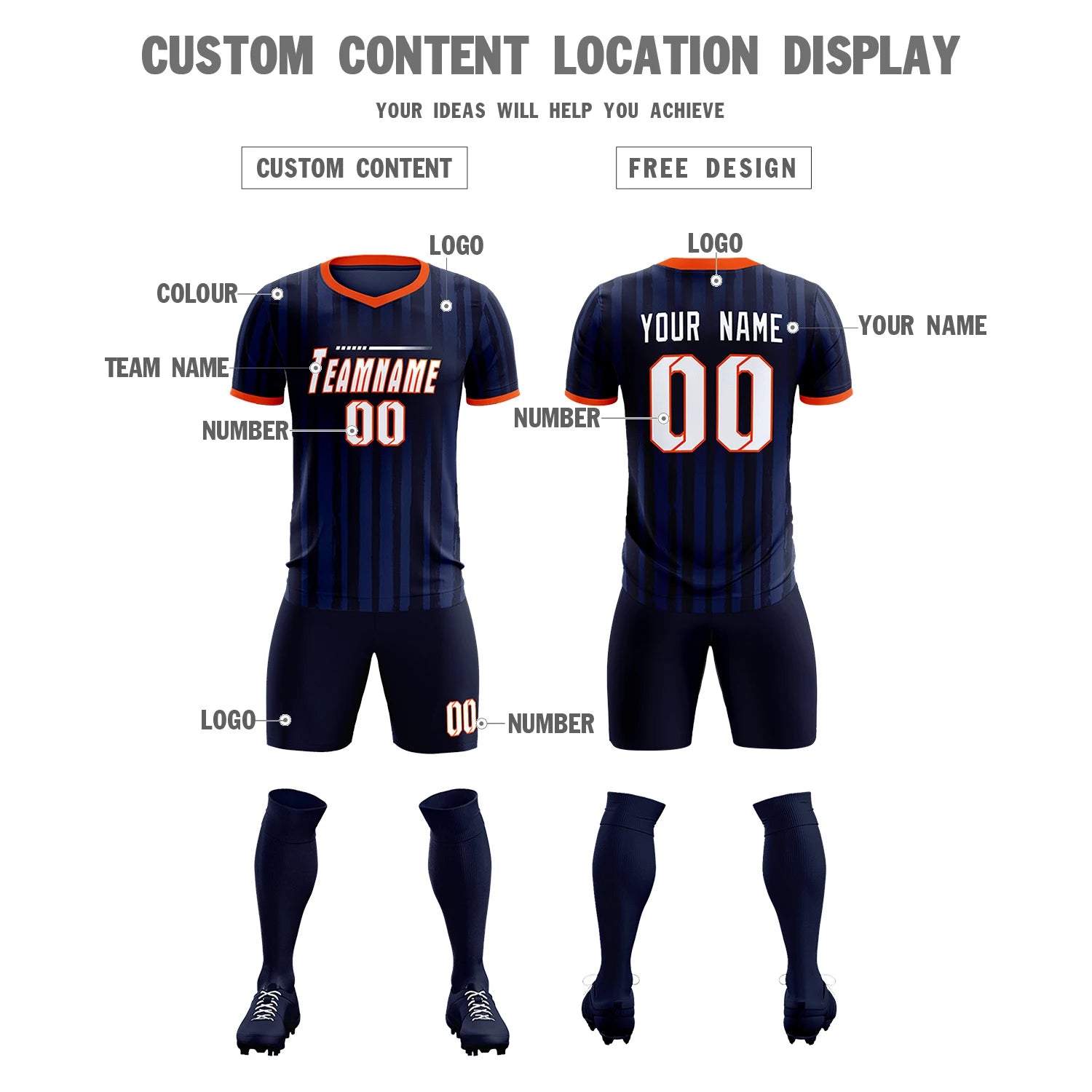 Custom Navy Orange Breathable Soccer Sets Jersey