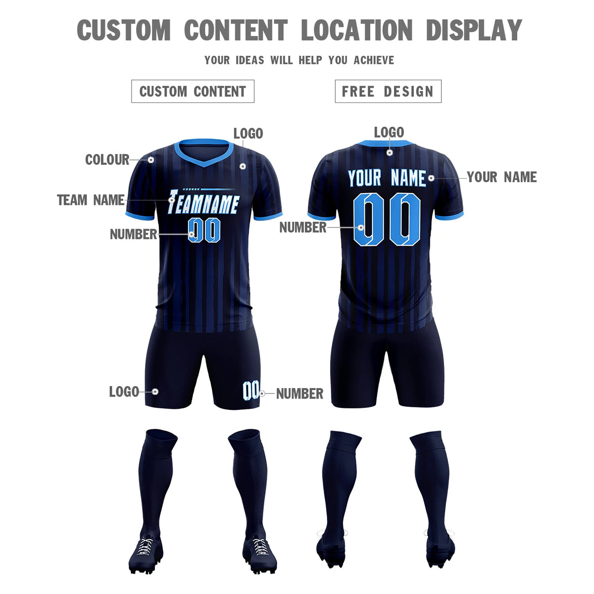 Custom Navy Powder Blue Breathable Soccer Sets Jersey