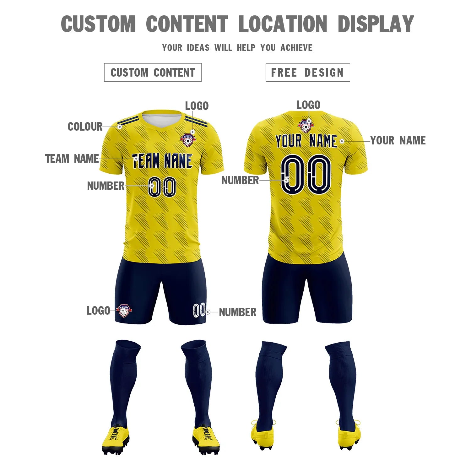 Custom Yellow Navy Printing Outdoor Tracksuit Soccer Sets Jersey