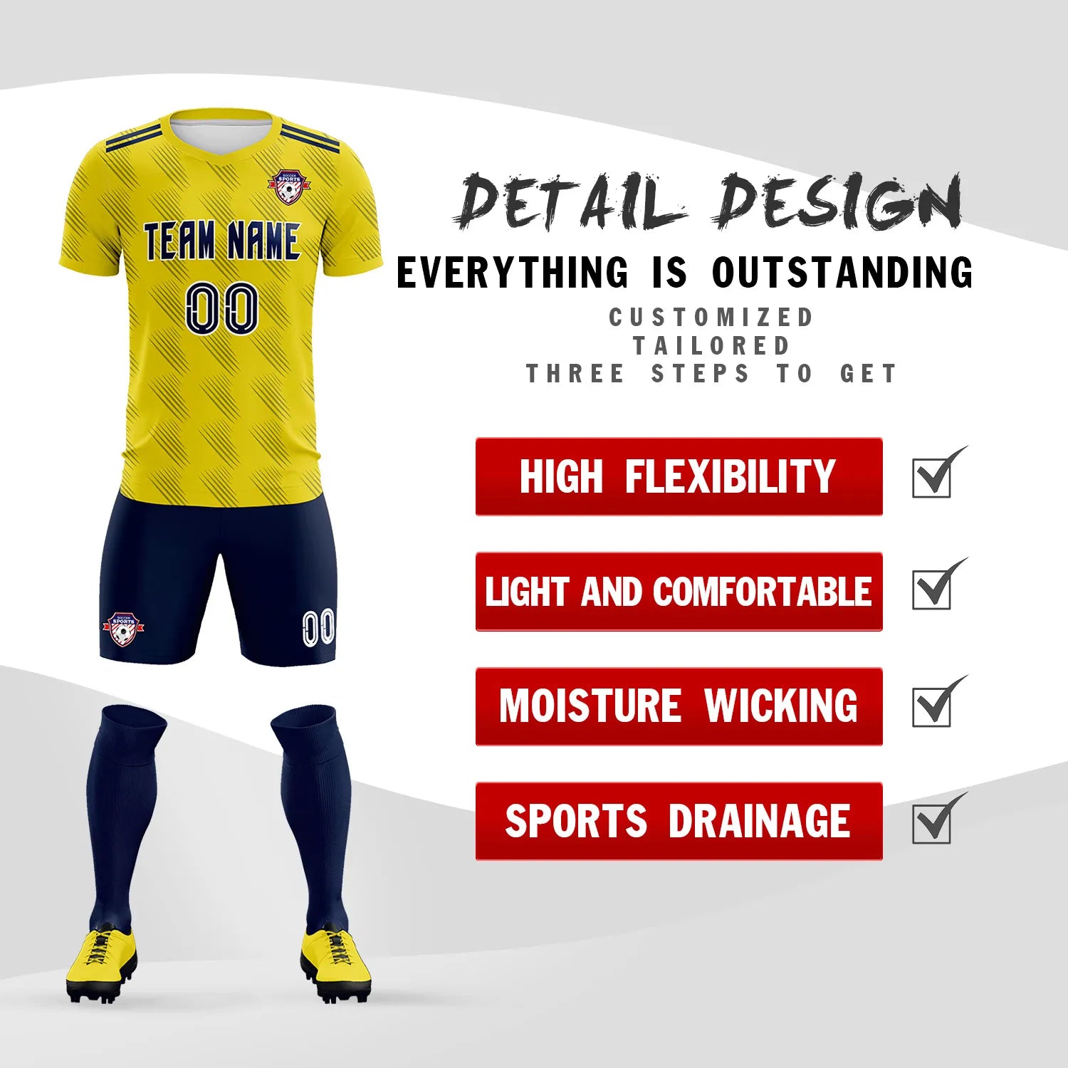 Custom Yellow Navy Printing Outdoor Tracksuit Soccer Sets Jersey