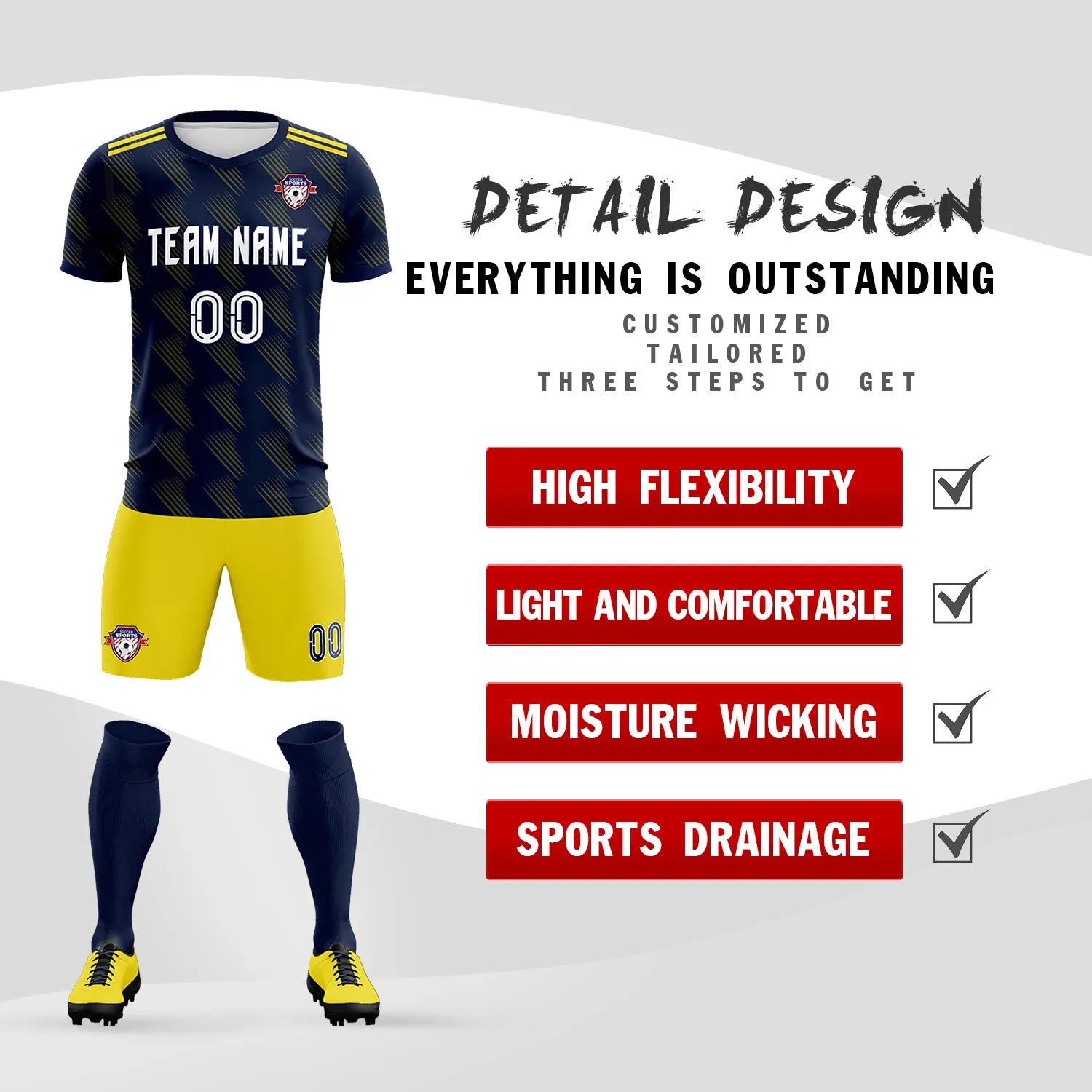 Custom Navy Yellow Printing Outdoor Tracksuit Soccer Sets Jersey