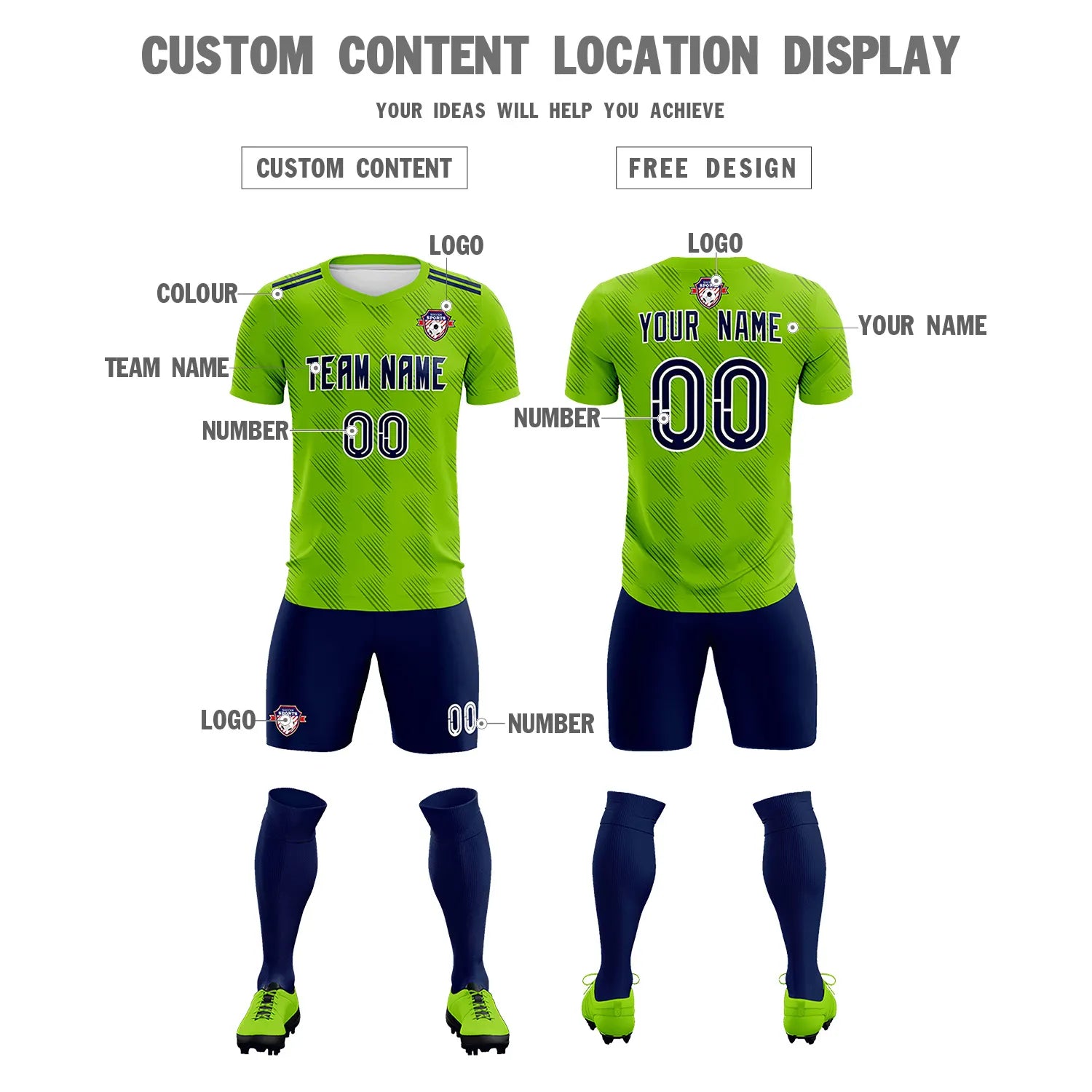 Custom Neon Green Navy Printing Outdoor Tracksuit Soccer Sets Jersey