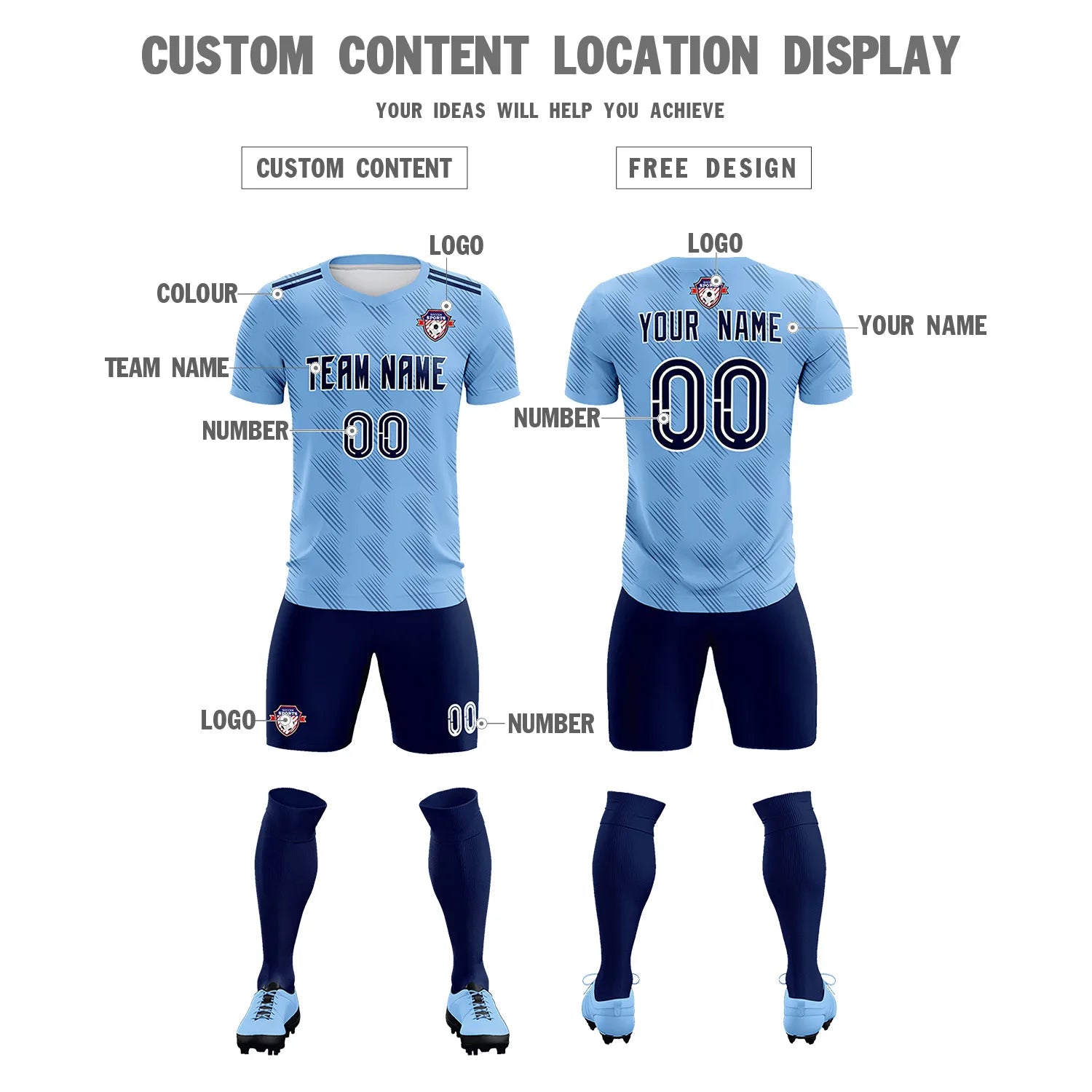 Custom Powder Blue Navy Printing Outdoor Tracksuit Soccer Sets Jersey