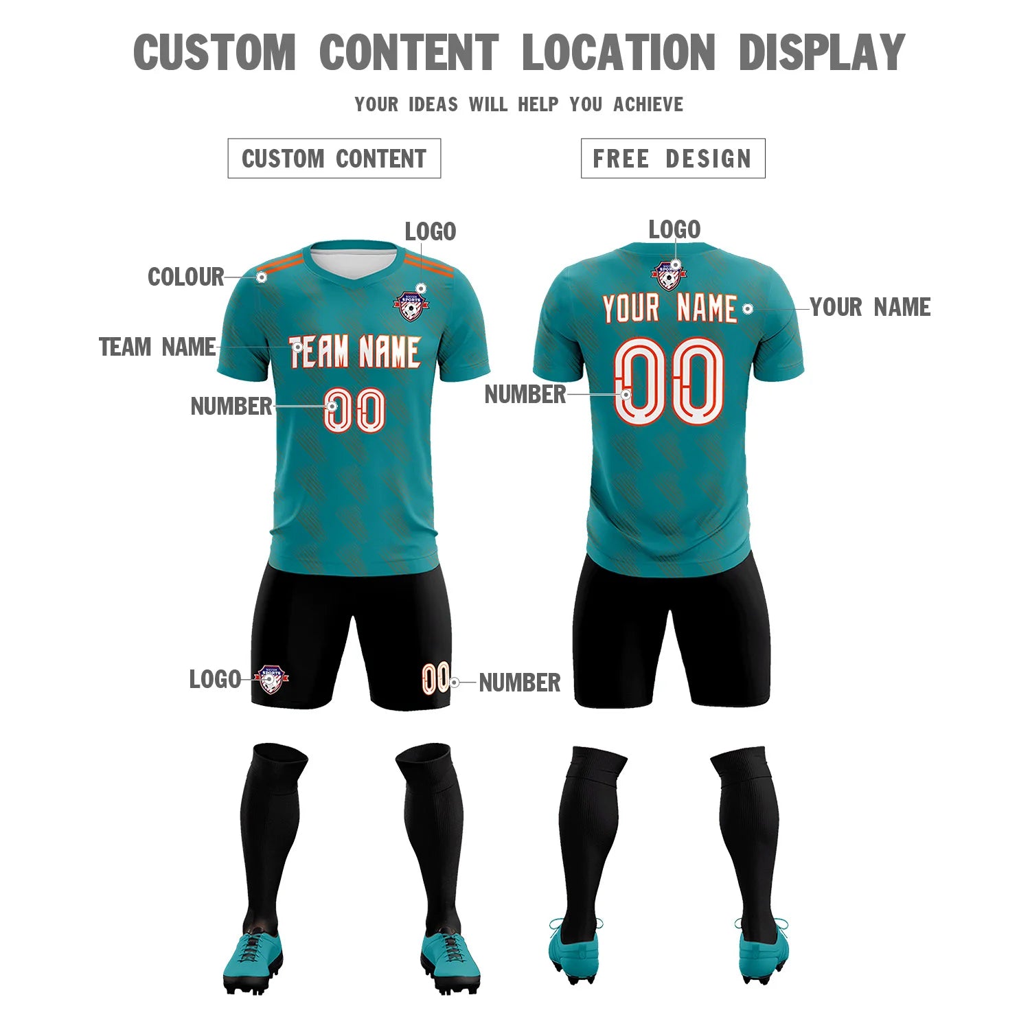 Custom Aqua Black Printing Outdoor Tracksuit Soccer Sets Jersey