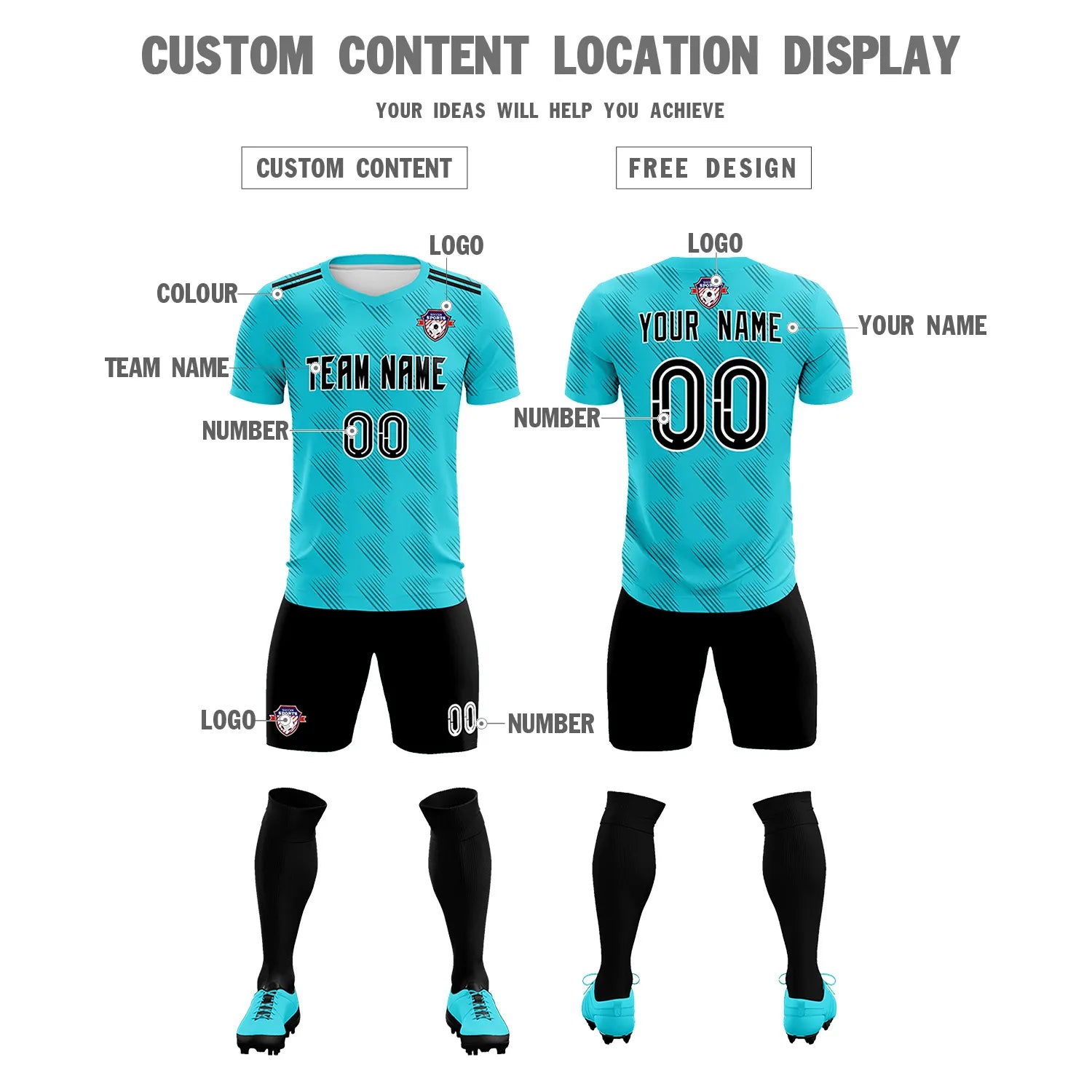 Custom Aqua Black Printing Outdoor Tracksuit Soccer Sets Jersey