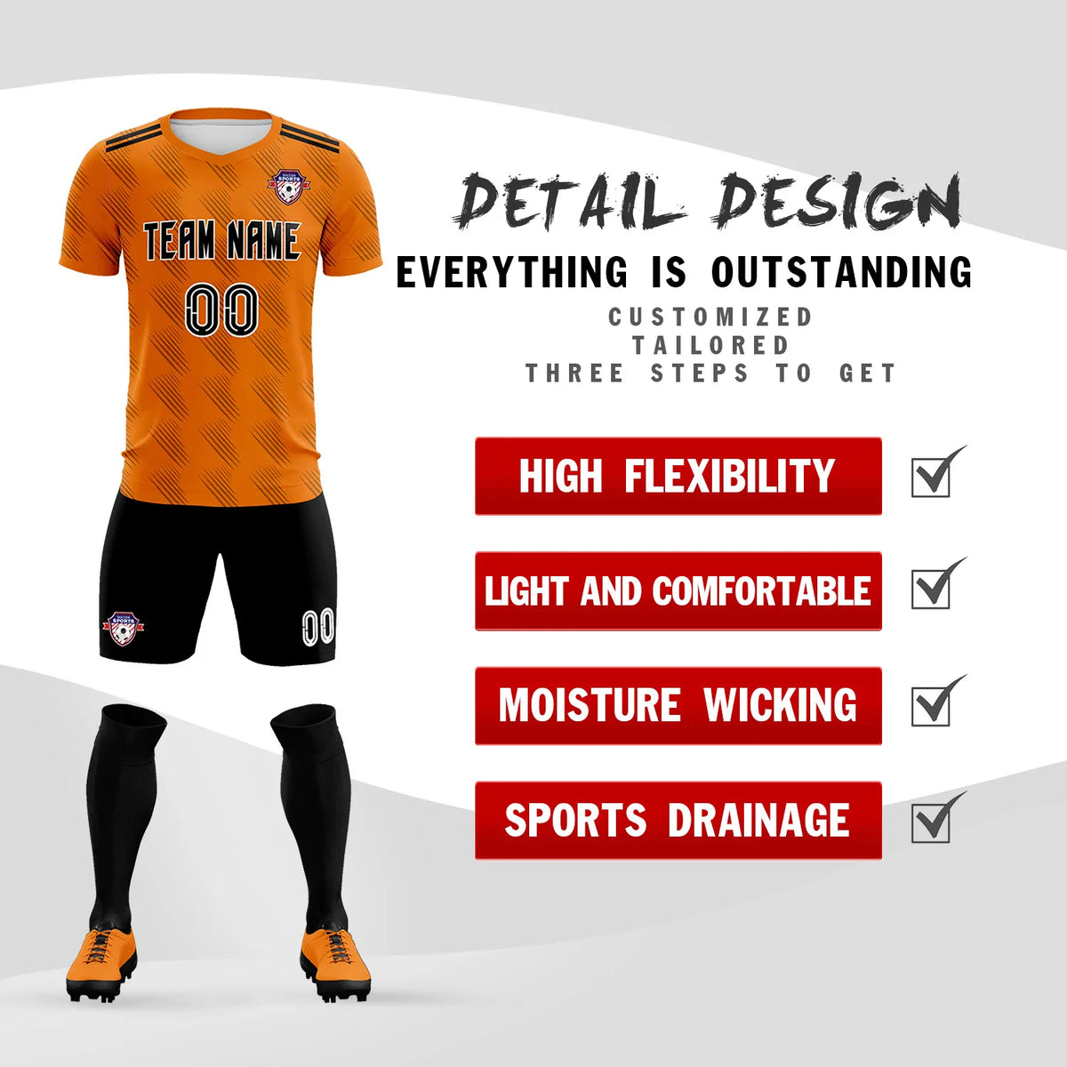 Custom Orange Black Printing Outdoor Tracksuit Soccer Sets Jersey