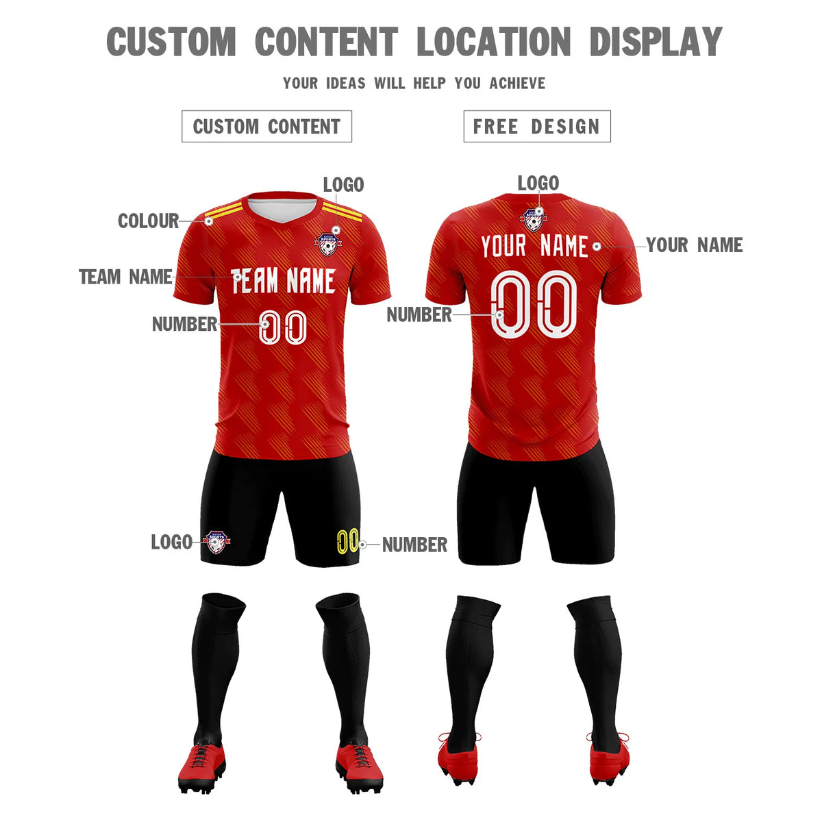 Custom Red Black Printing Outdoor Tracksuit Soccer Sets Jersey