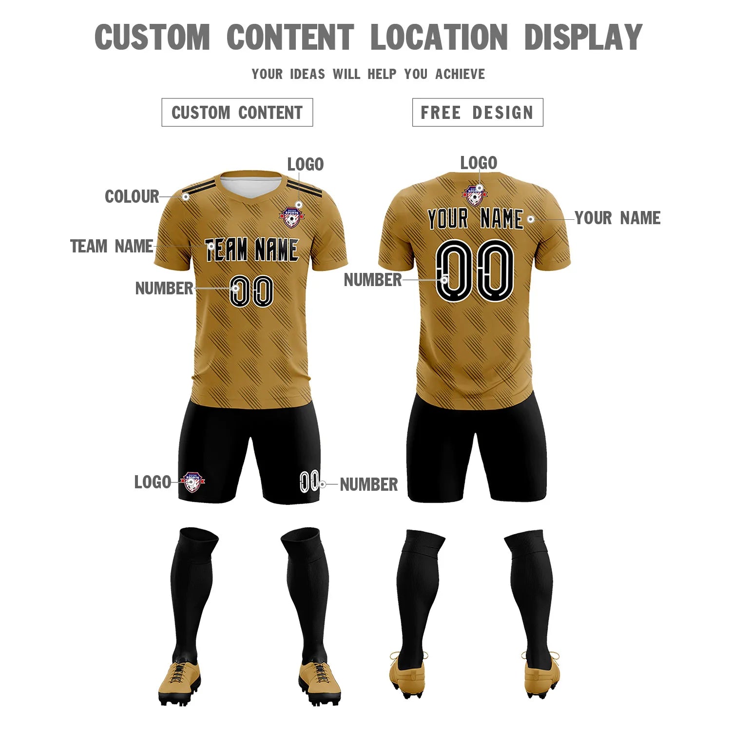 Custom Light Brown Black Printing Outdoor Tracksuit Soccer Sets Jersey