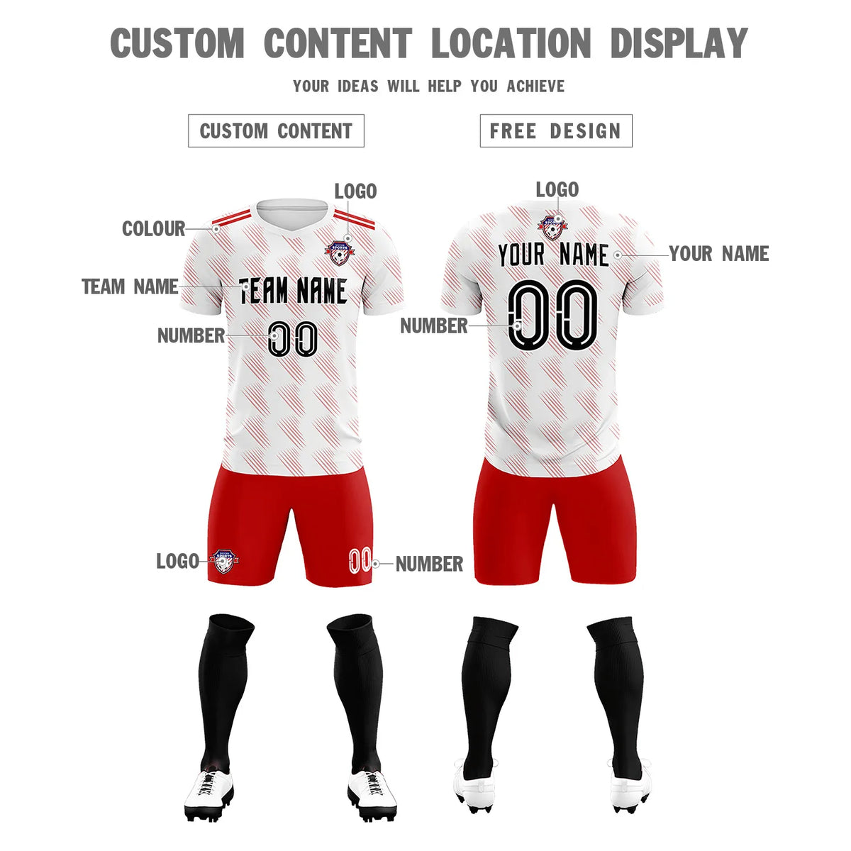 Custom White Red Printing Outdoor Tracksuit Soccer Sets Jersey
