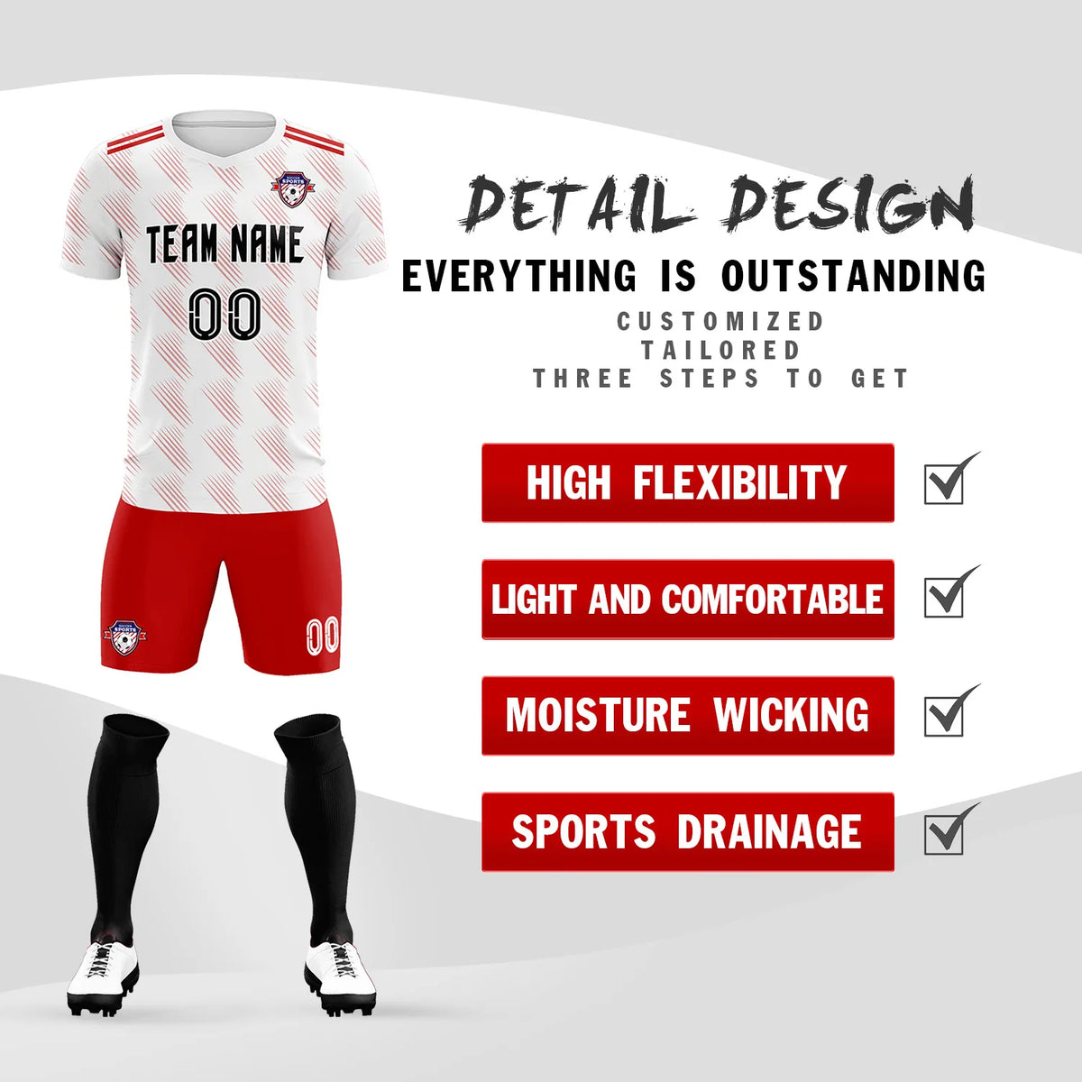 Custom White Red Printing Outdoor Tracksuit Soccer Sets Jersey