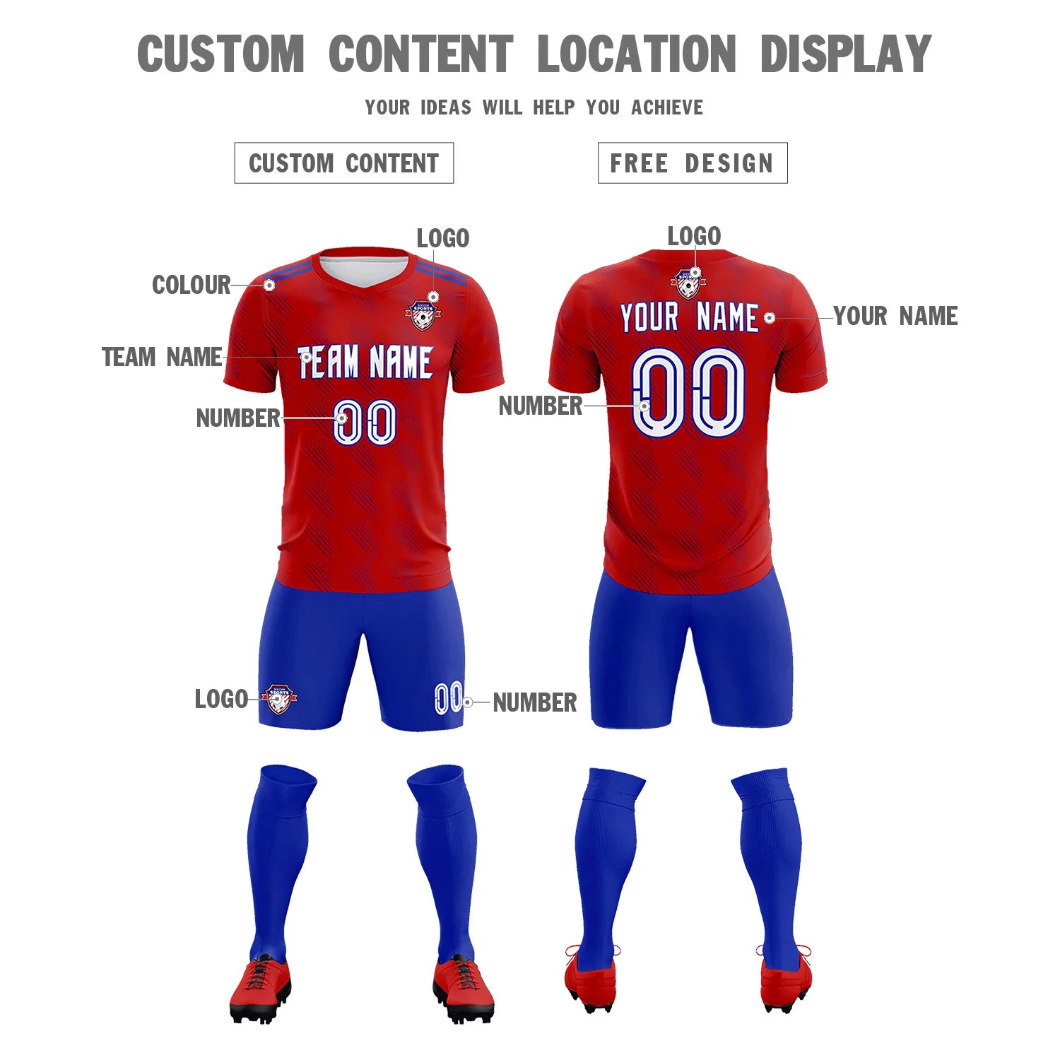 Custom Red Royal Blue Printing Outdoor Tracksuit Soccer Sets Jersey