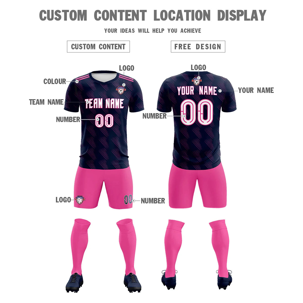 Custom Navy Pink Printing Outdoor Tracksuit Soccer Sets Jersey