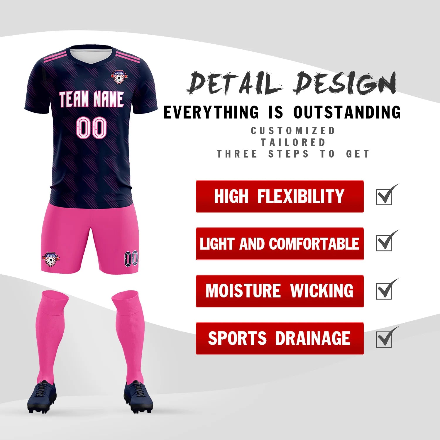 Custom Navy Pink Printing Outdoor Tracksuit Soccer Sets Jersey