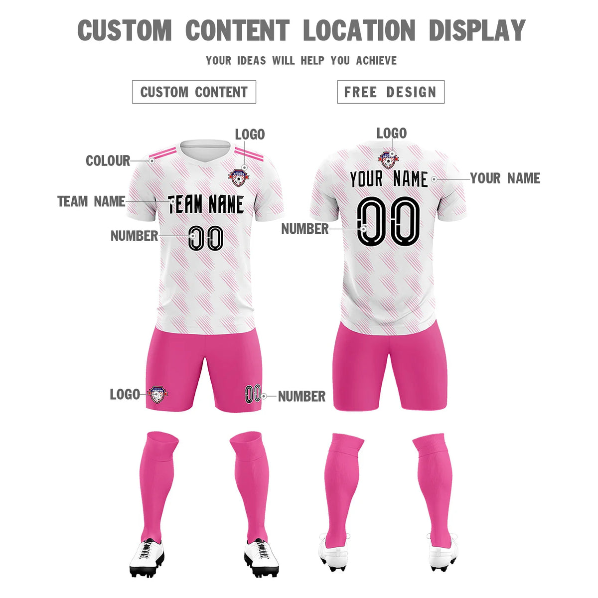 Custom White Pink Printing Outdoor Tracksuit Soccer Sets Jersey
