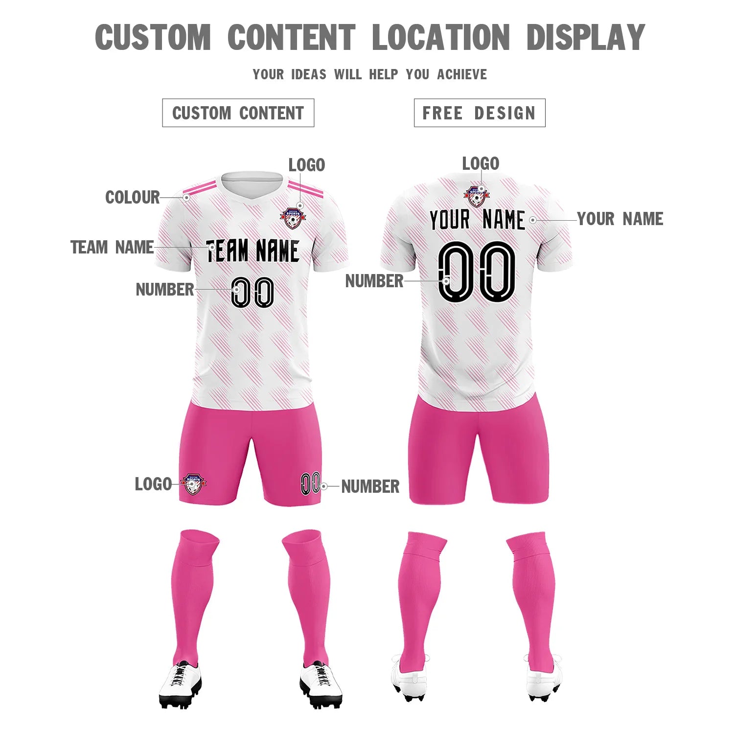 Custom White Pink Printing Outdoor Tracksuit Soccer Sets Jersey