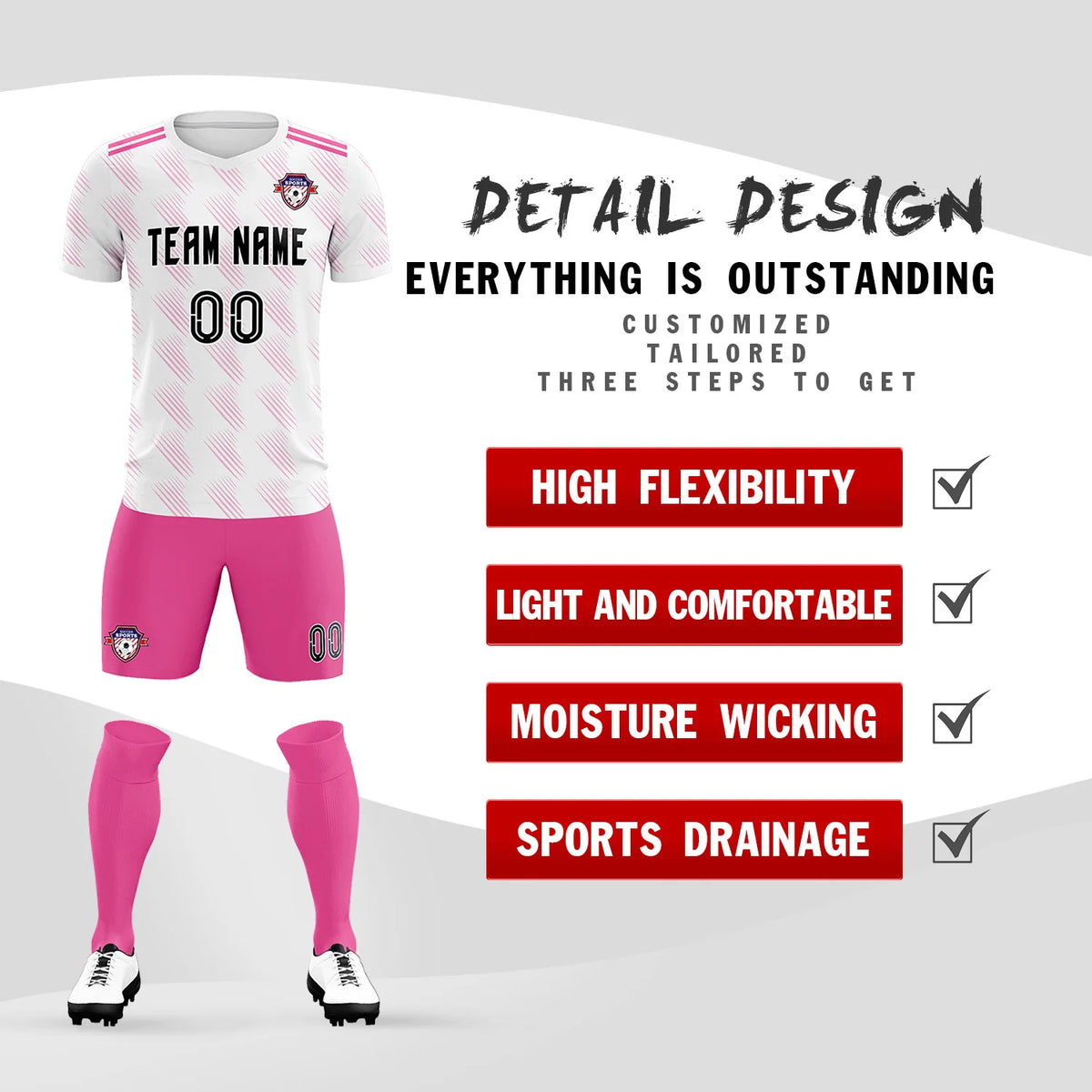 Custom White Pink Printing Outdoor Tracksuit Soccer Sets Jersey