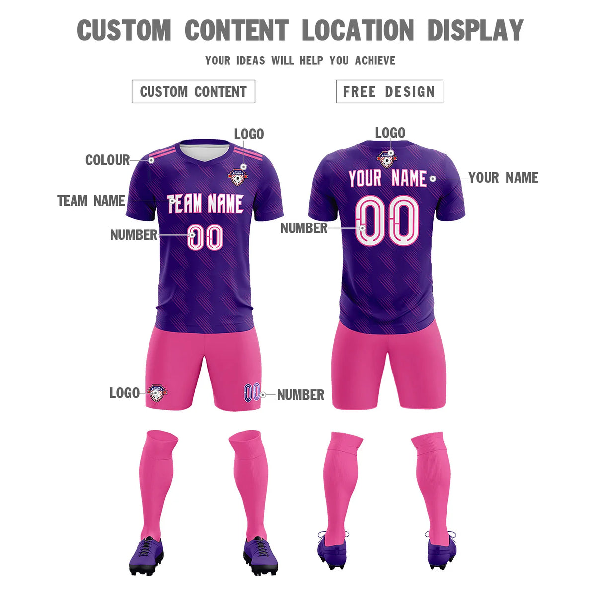 Custom Purple Pink Printing Outdoor Tracksuit Soccer Sets Jersey