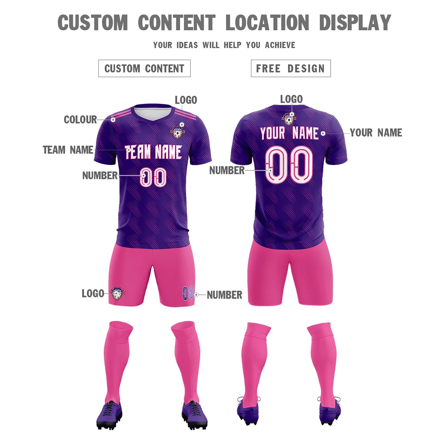 Custom Purple Pink Printing Outdoor Tracksuit Soccer Sets Jersey