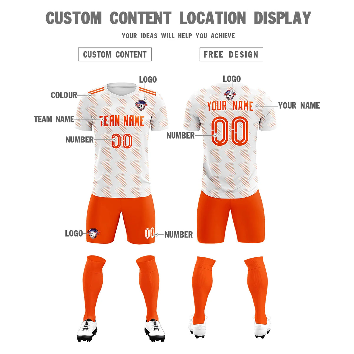 Custom White Orange Printing Outdoor Tracksuit Soccer Sets Jersey