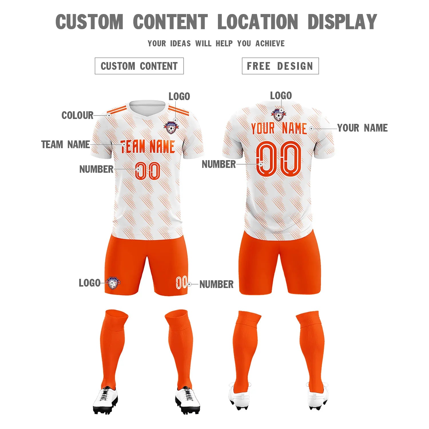 Custom White Orange Printing Outdoor Tracksuit Soccer Sets Jersey