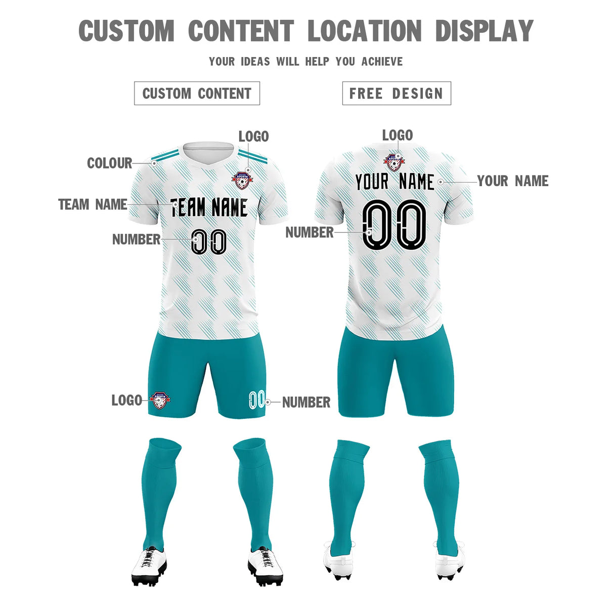 Custom White Aqua Printing Outdoor Tracksuit Soccer Sets Jersey