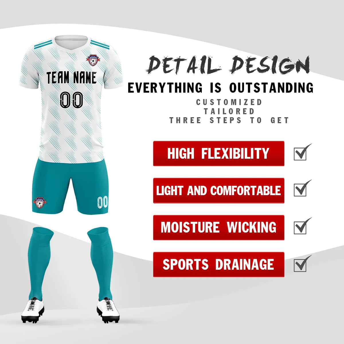 Custom White Aqua Printing Outdoor Tracksuit Soccer Sets Jersey