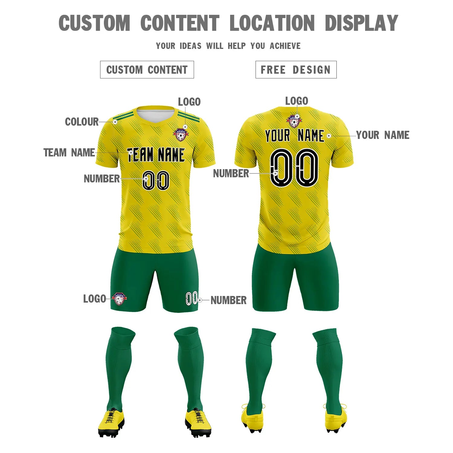 Custom Yellow Kelly Green Printing Outdoor Tracksuit Soccer Sets Jersey