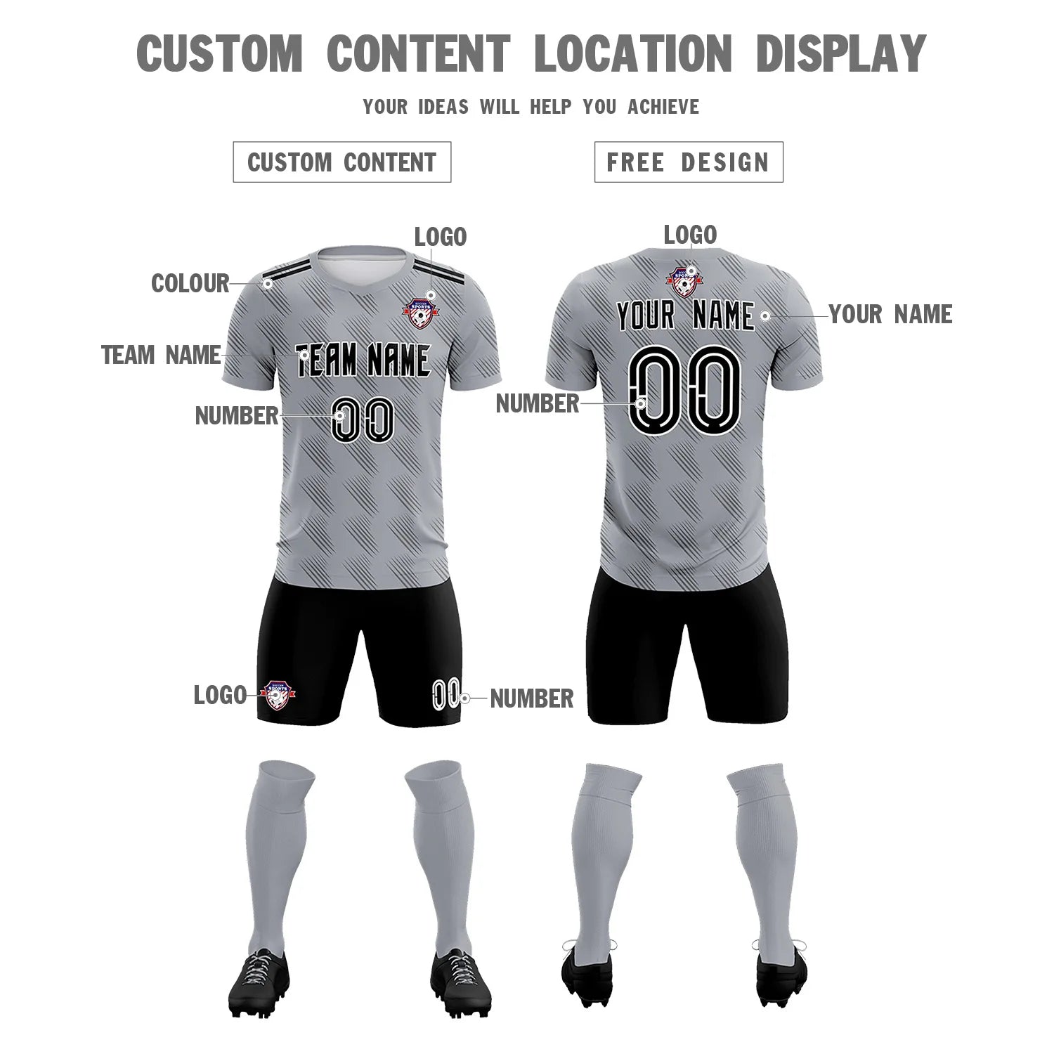 Custom Gray Black Printing Outdoor Tracksuit Soccer Sets Jersey