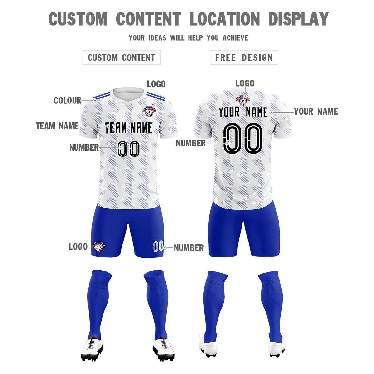 Custom White Royal Blue Printing Outdoor Tracksuit Soccer Sets Jersey
