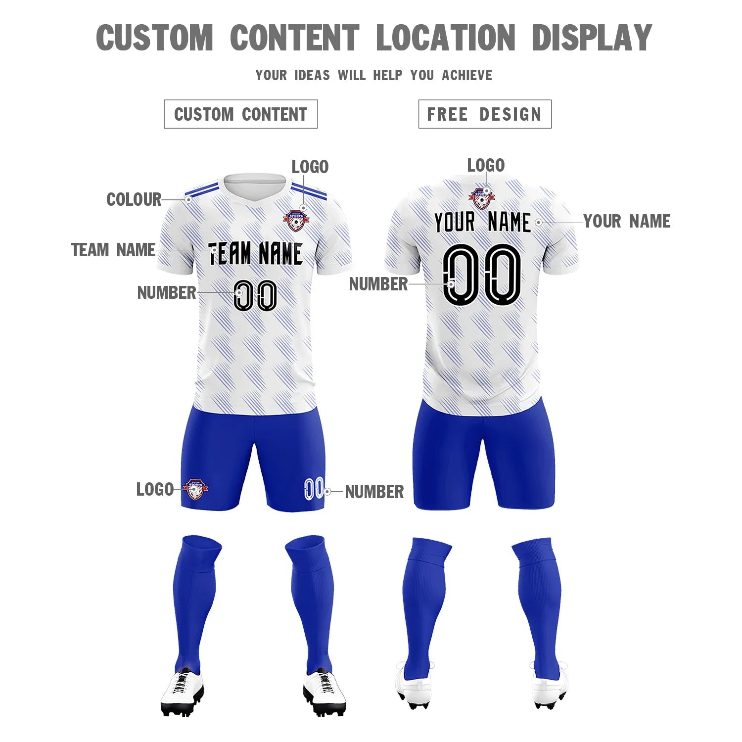 Custom White Royal Blue Printing Outdoor Tracksuit Soccer Sets Jersey