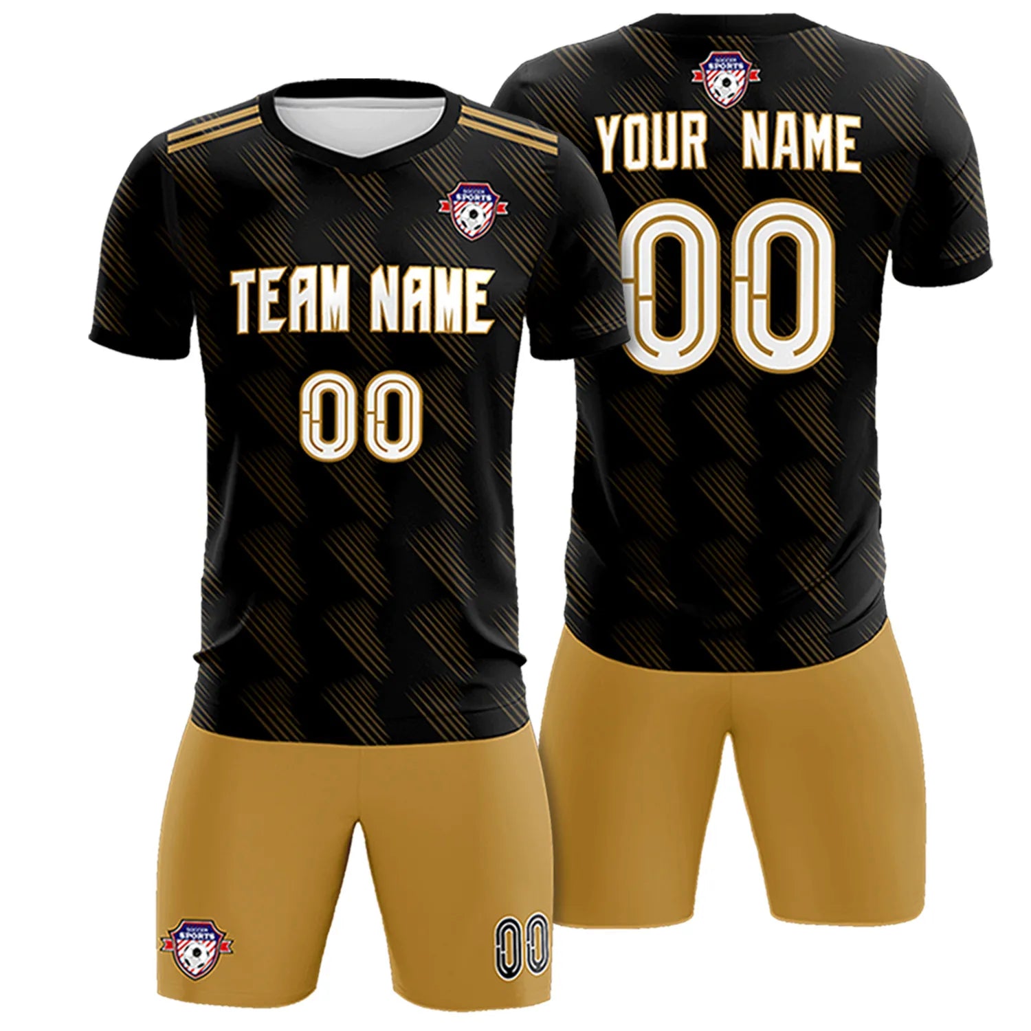 Custom Black Old Gold Printing Outdoor Tracksuit Soccer Sets Jersey