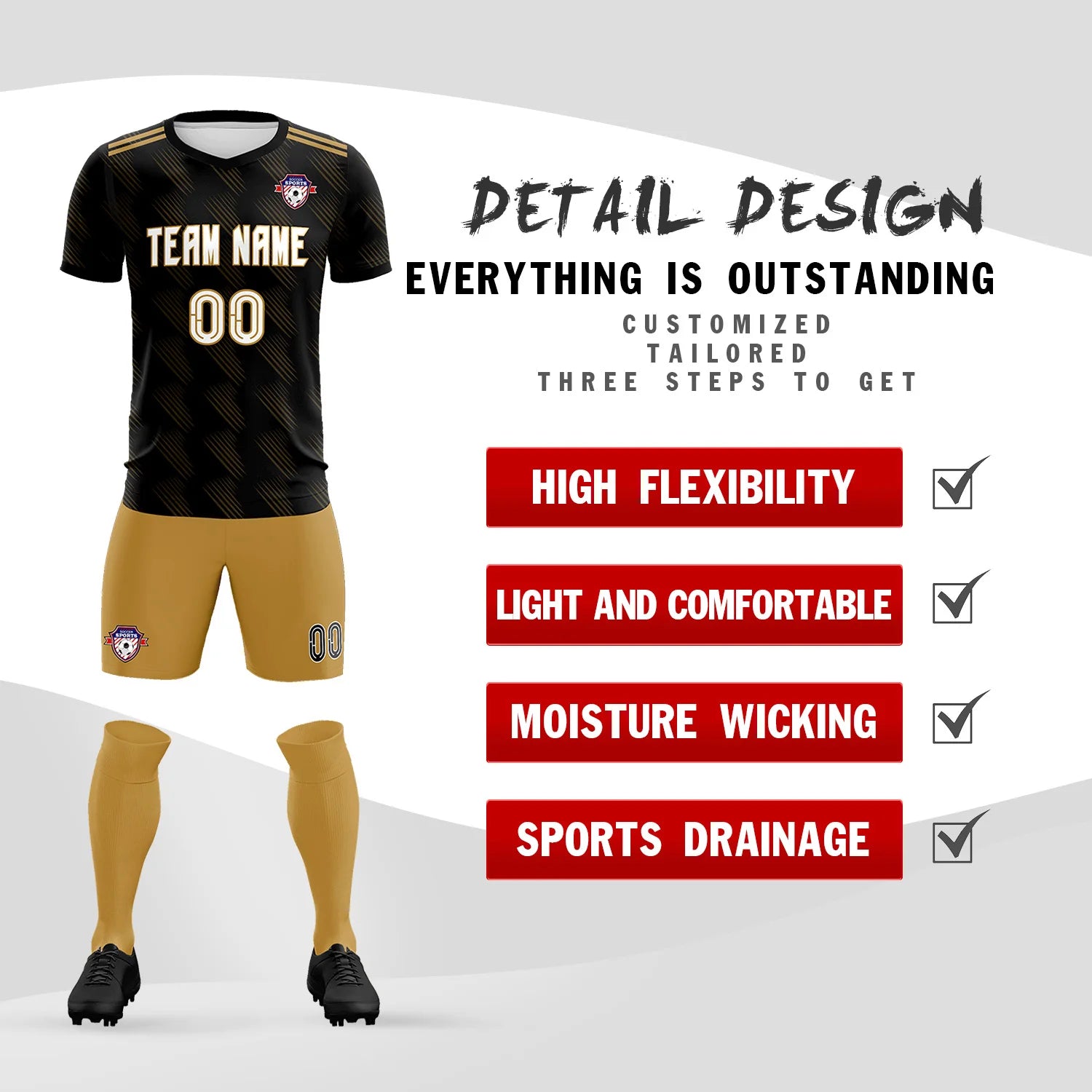 Custom Black Old Gold Printing Outdoor Tracksuit Soccer Sets Jersey