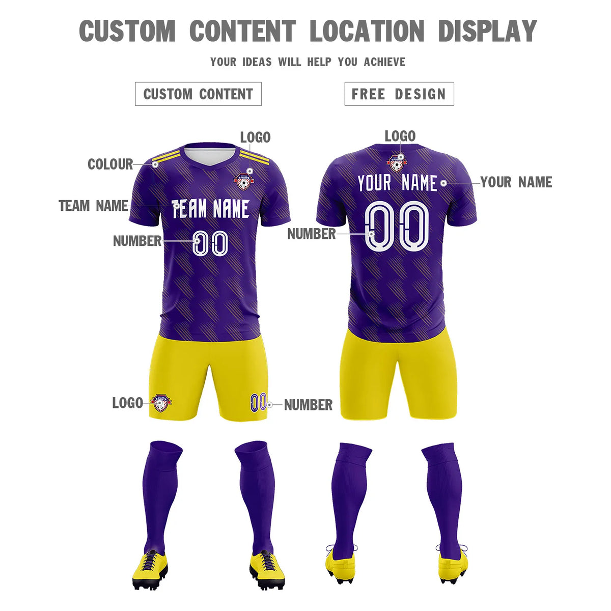 Custom Purple Gold01 Printing Outdoor Tracksuit Soccer Sets Jersey