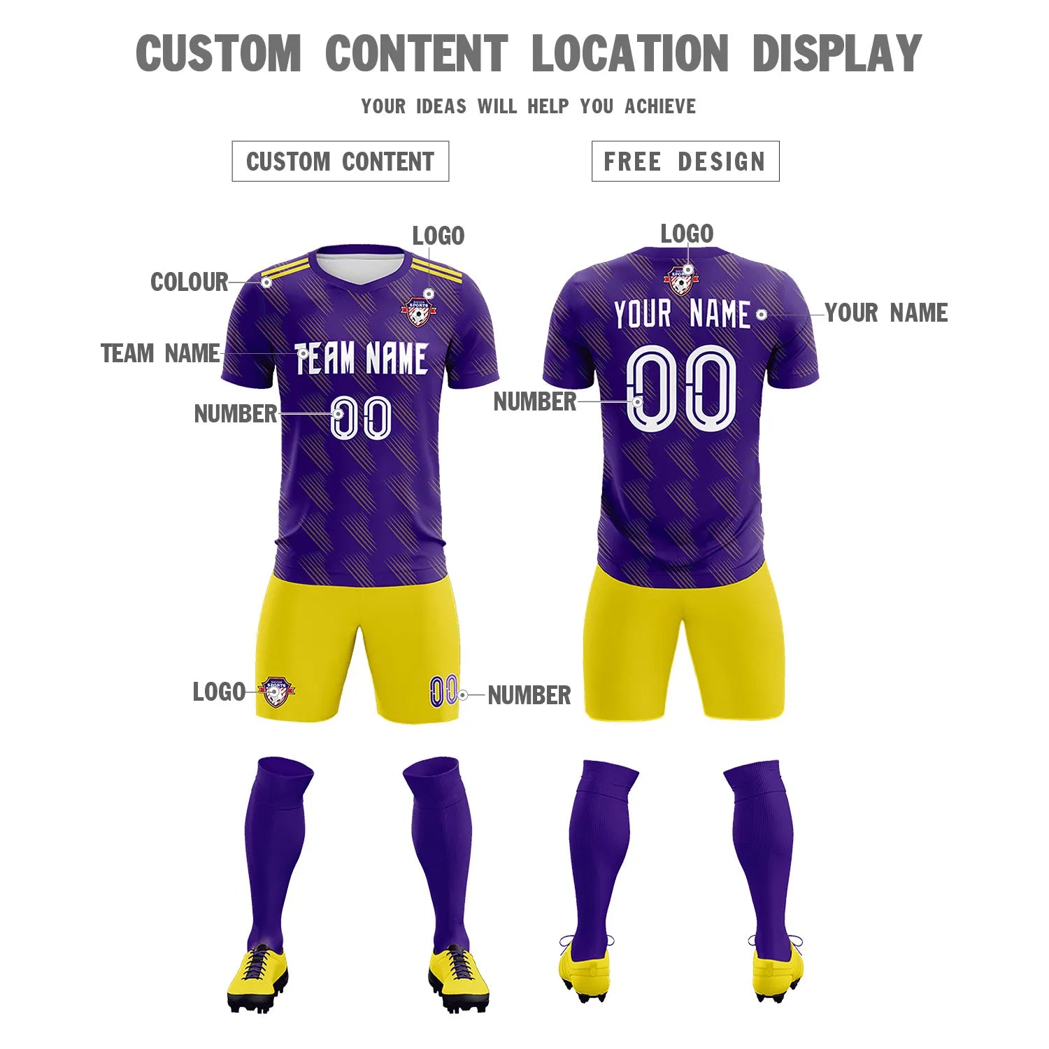 Custom Purple Gold01 Printing Outdoor Tracksuit Soccer Sets Jersey