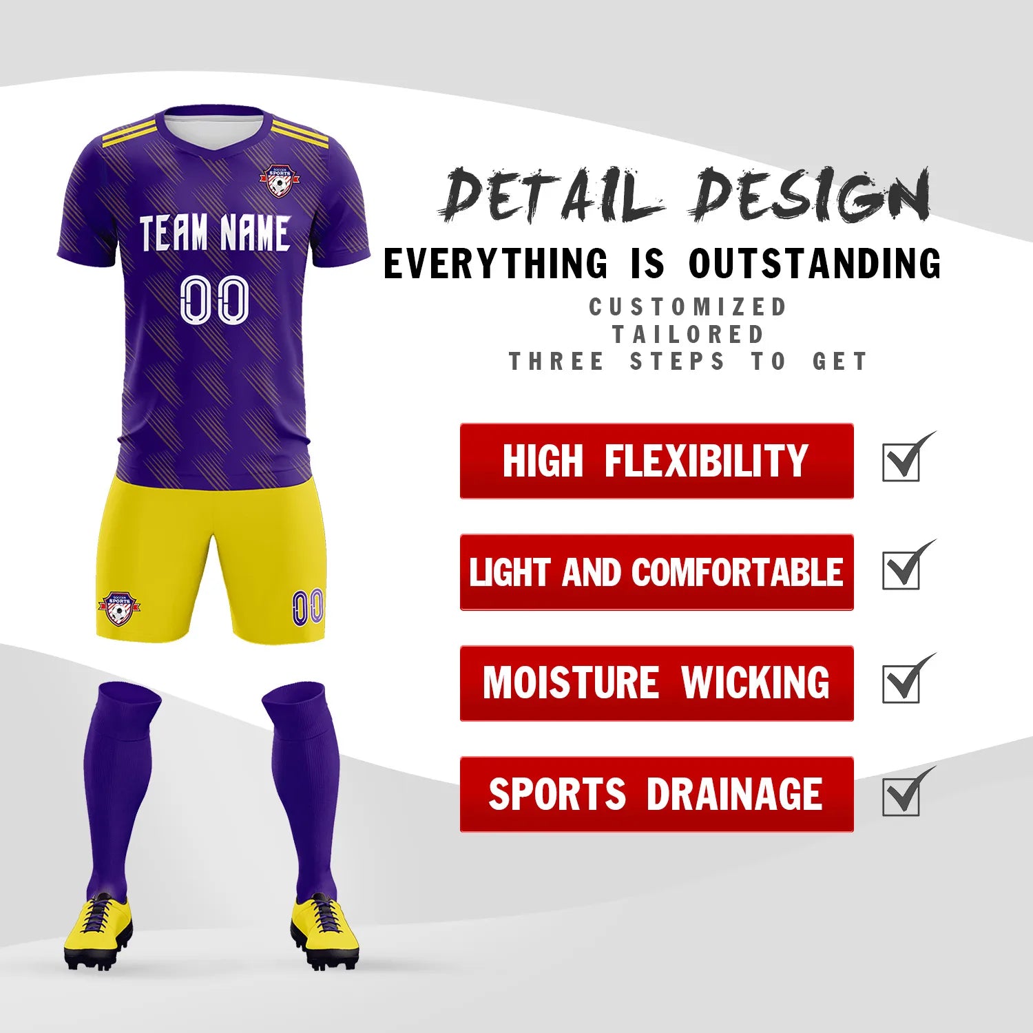 Custom Purple Gold01 Printing Outdoor Tracksuit Soccer Sets Jersey