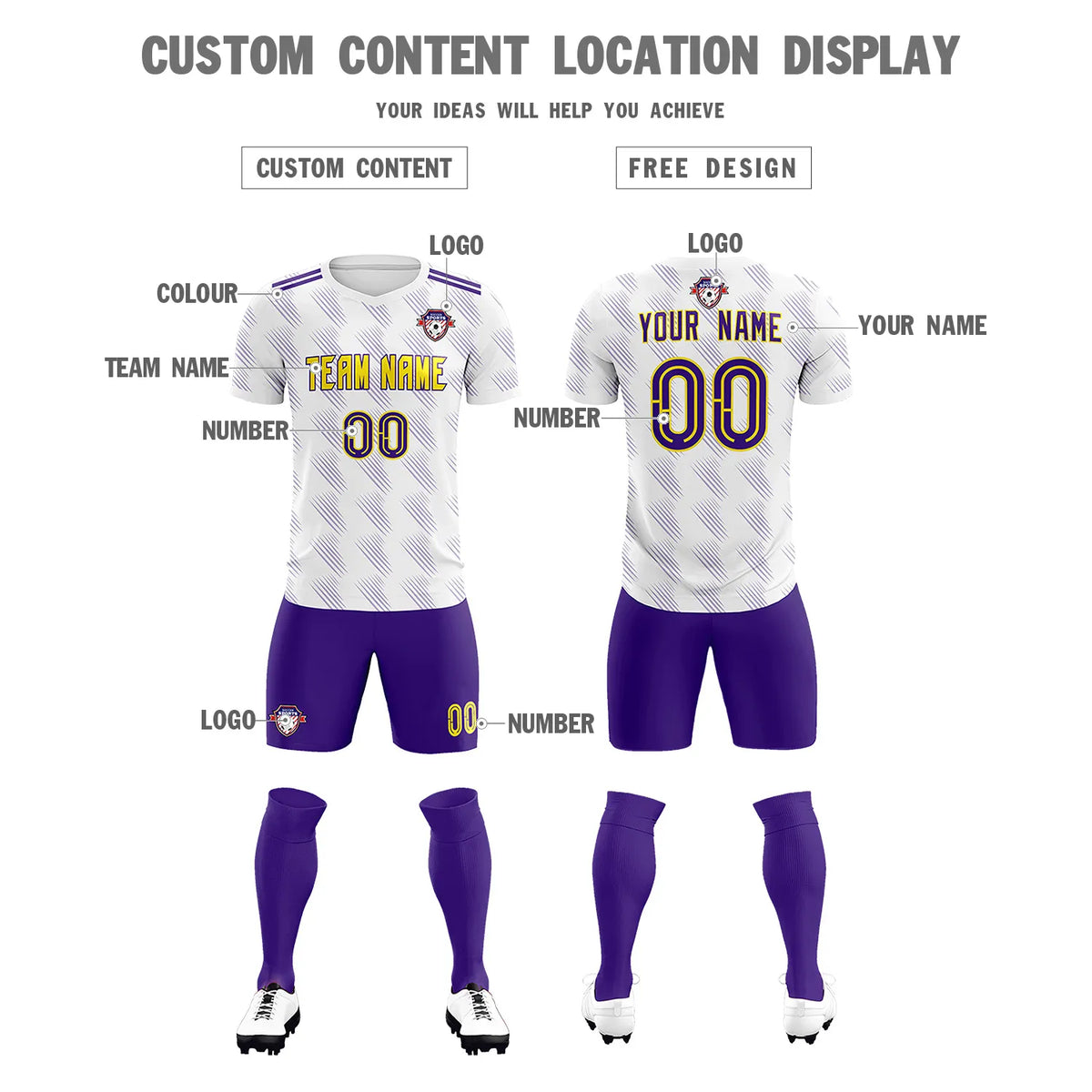Custom White Purple Printing Outdoor Tracksuit Soccer Sets Jersey