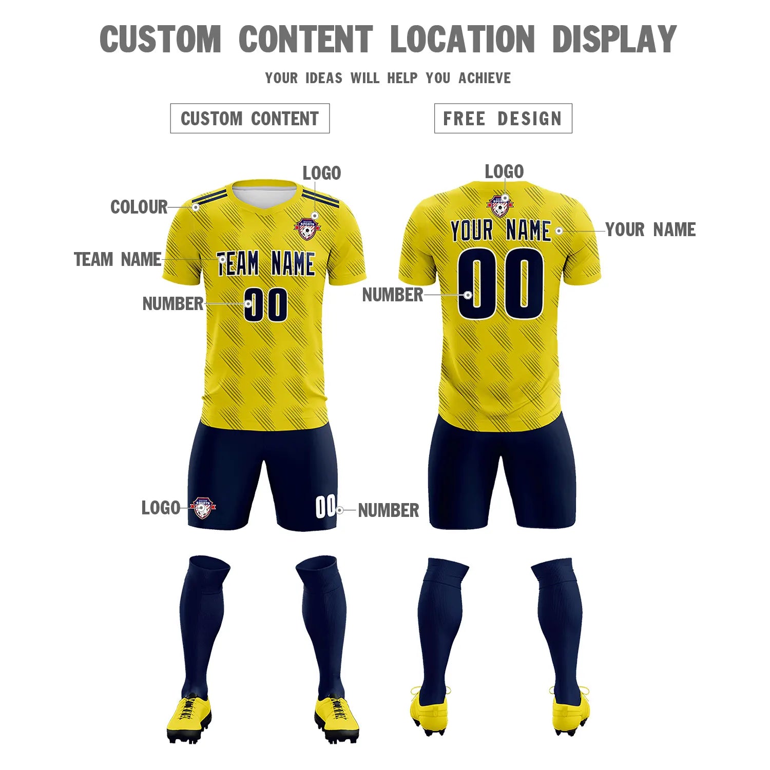 Custom Yellow Navy Printing Outdoor Tracksuit Soccer Sets Jersey