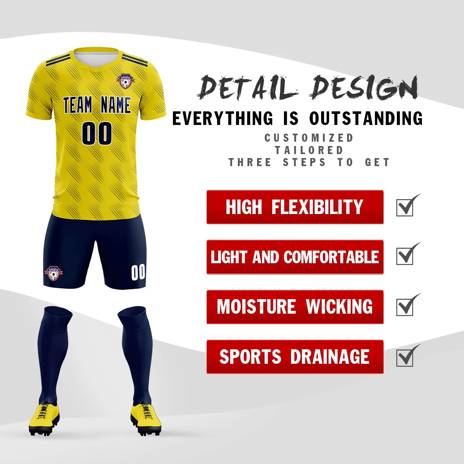 Custom Yellow Navy Printing Outdoor Tracksuit Soccer Sets Jersey