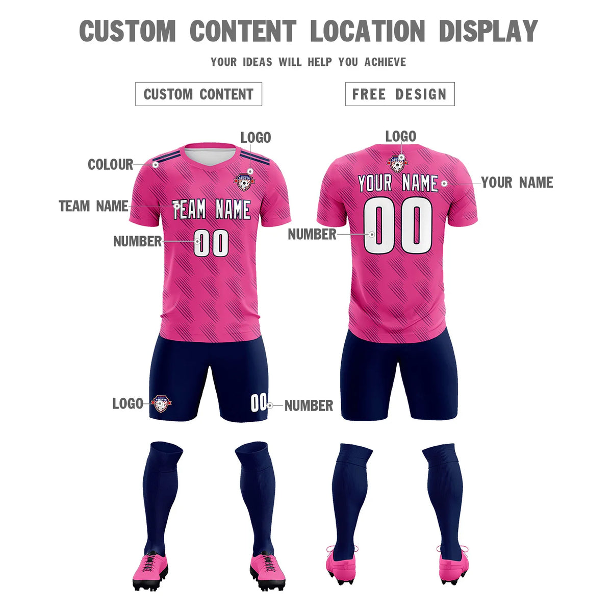 Custom Pink Navy Printing Outdoor Tracksuit Soccer Sets Jersey