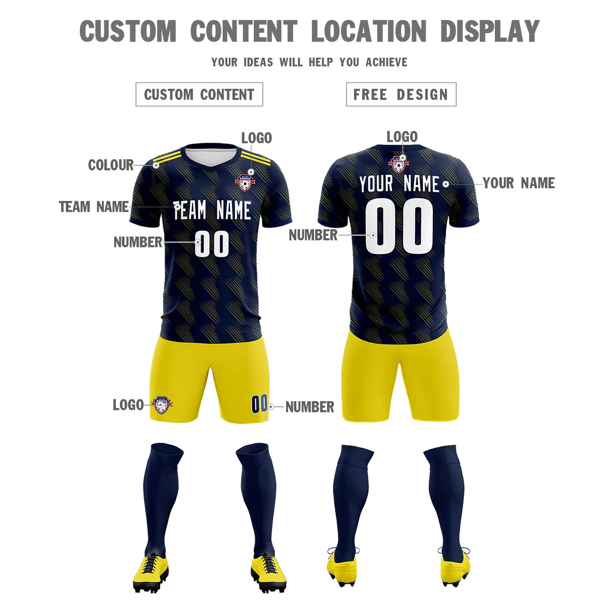 Custom Navy Yellow Printing Outdoor Tracksuit Soccer Sets Jersey