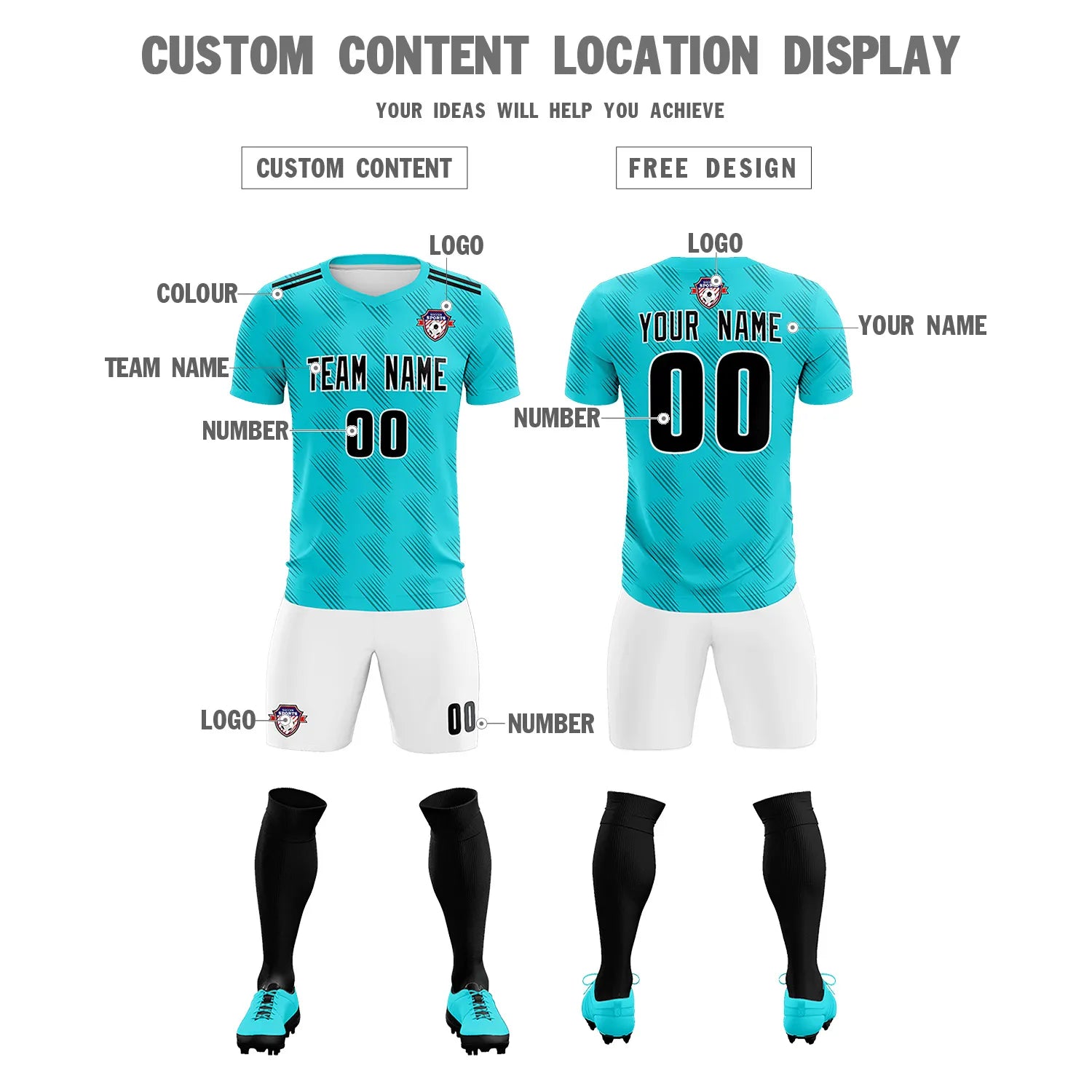 Custom Aqua White Printing Outdoor Tracksuit Soccer Sets Jersey