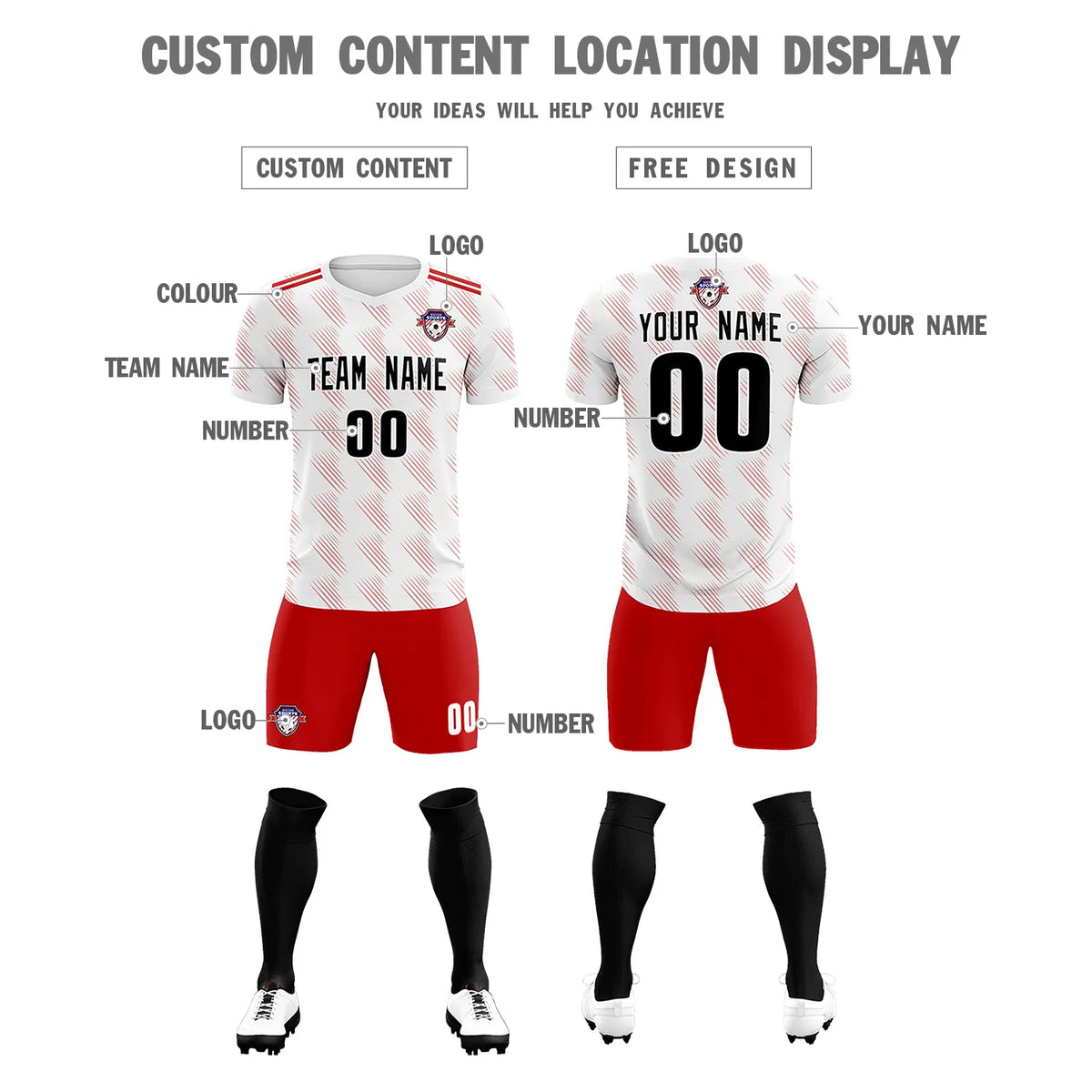 Custom White Red Printing Outdoor Tracksuit Soccer Sets Jersey