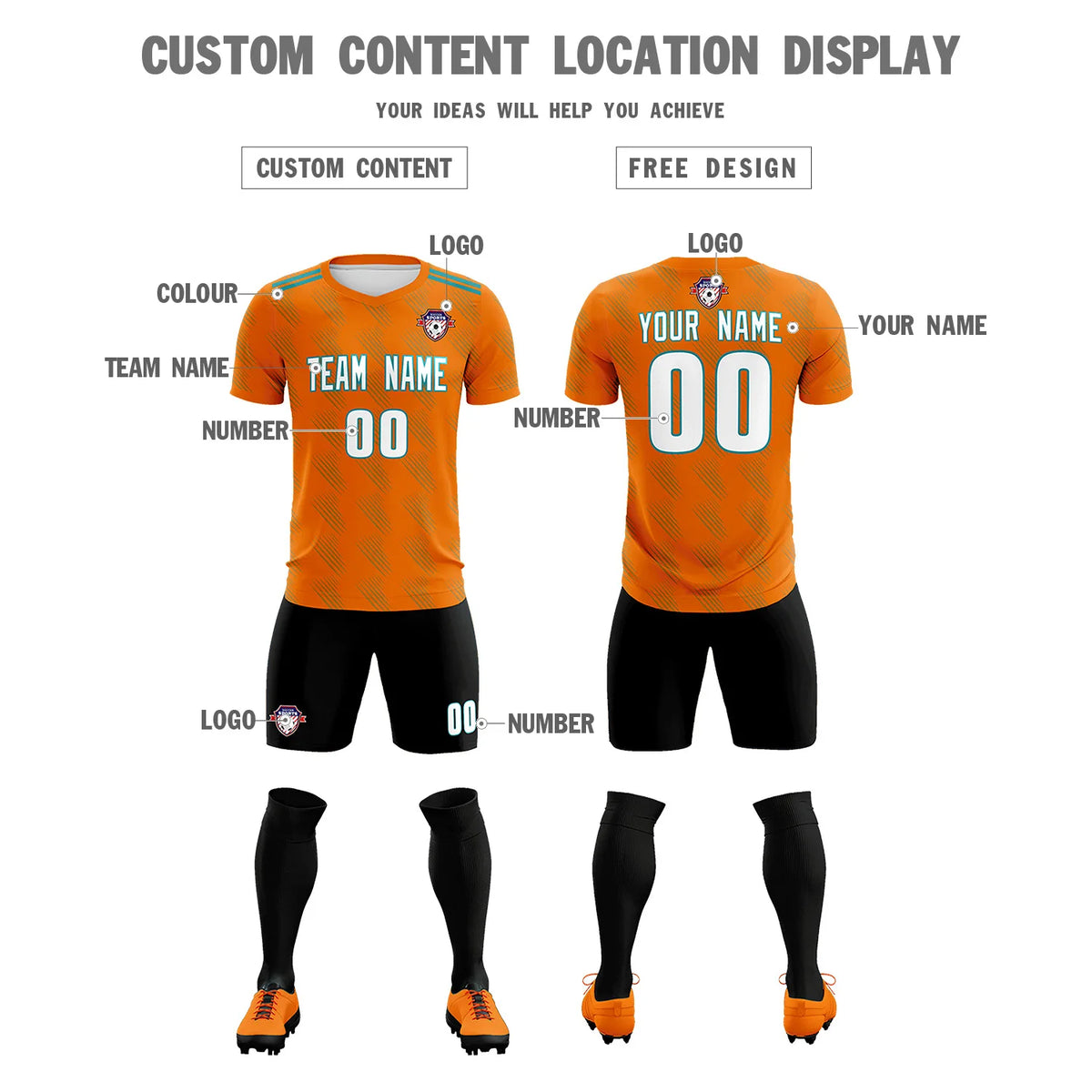 Custom Orange Black Printing Outdoor Tracksuit Soccer Sets Jersey